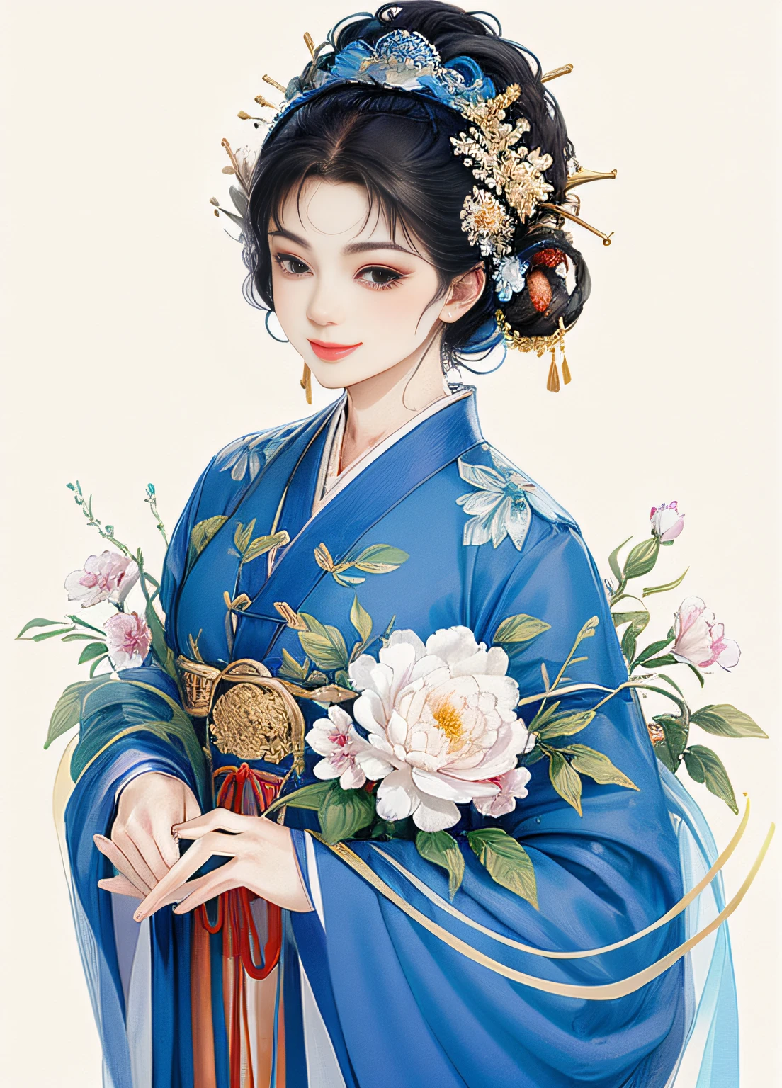 A woman，Top view，full bodyesbian，Flowers in hand，blue clothes，Gentle and lovely，Smile，Stylish and confident，Dignified temperament，Traditional Hanfu，full bodyesbian，、The background is clean，8K，k hd，ultra-noise-cancelling，HighestQuali，Ultra high quality