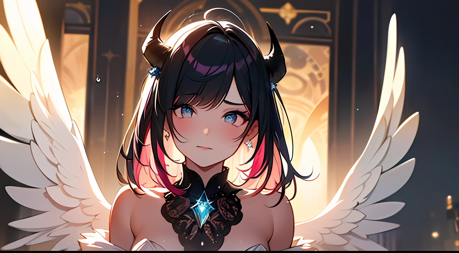 (Masterpiece:1.2), best quality, (illustration:1.2), (ultra-detailed),Eye focus,(Masterfully crafted Glow, pink lens flare), (Cinematic background), hyper details, (delicate detailed), (intricate details),in the air, octane render, hdr, (hyperdetailed:1.15), (soft light:1.2), 1girl, beautiful girl, ultra detailed eyes, mature, plump, thick, rainbow painting drops, paint teardrops, woman made up from paint, entirely paint, splat, splash, outdoors, (bioluminescent hair:1.1),(glowing eyes), ((makeup)),(Cinematic masterpiece), fierce, powerful, splashes of colour absolutely eye-catching, (Cinematic headlight), light coming from above, growing shadows, ((caustic)), dynamic angle, beautiful detailed glow, ambient occlusion, ambient light, raytraced reflections,(best illumination, an extremely delicate and beautiful), ((cinematic light)), (soft:2), (Nephilim:1.2), (halo), demon horns,(1 angel wing),1 demon wing, wings on back, half demon, demon ears, black wings, raven wings, (falling raven feathers), black hair, grey eyes, (red hair glow), (radiant aura),