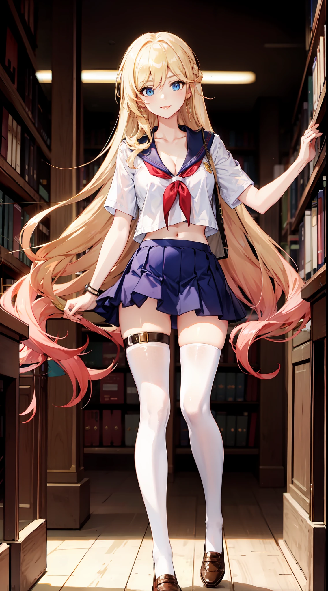 slim legs, happy, cleavage, short skirt, navel, blue eyes, school uniform, thigh high socks, stand, library , blonde hair, long hair