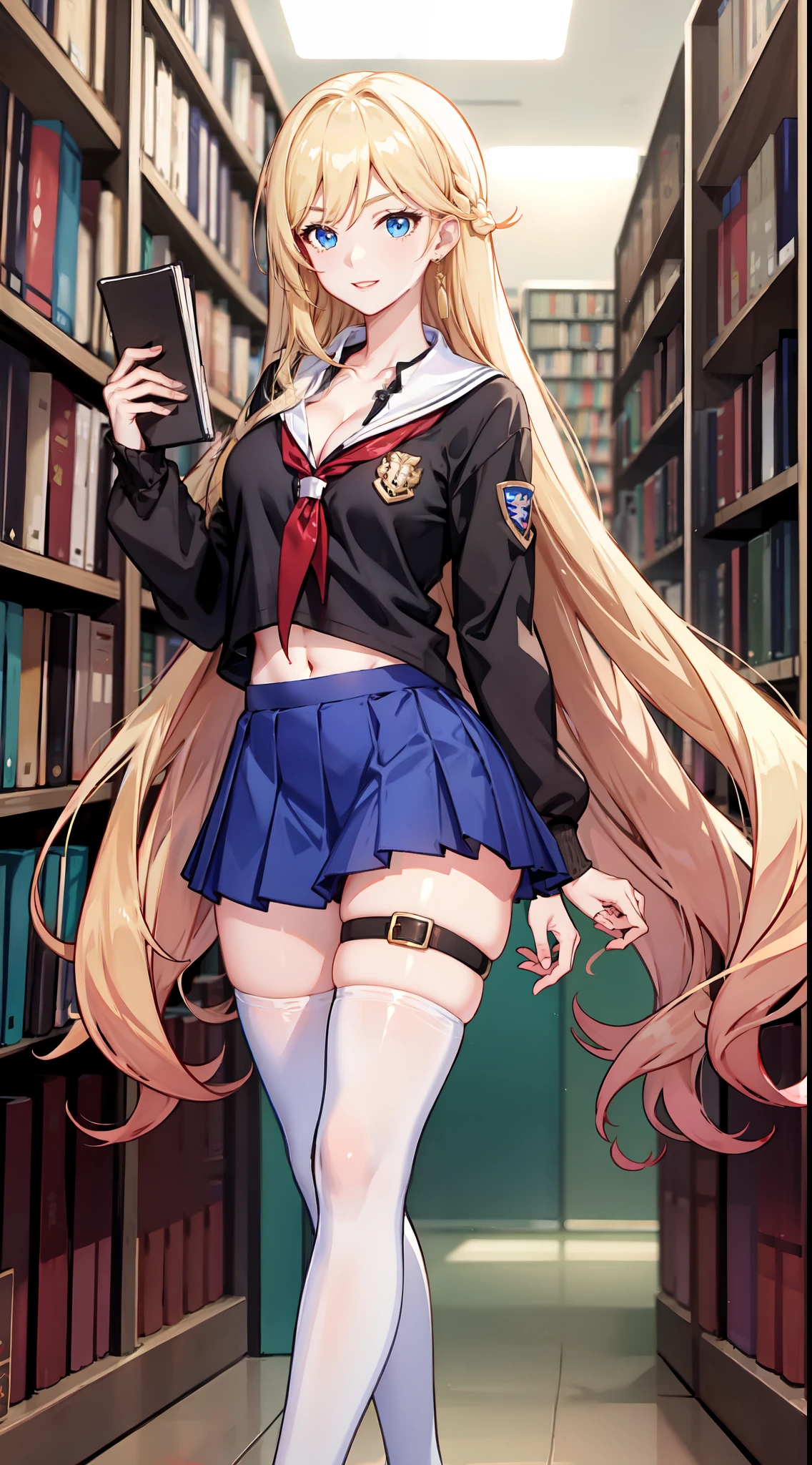 slim legs, happy, cleavage, short skirt, navel, blue eyes, school uniform, thigh high socks, stand, library , blonde hair, long hair