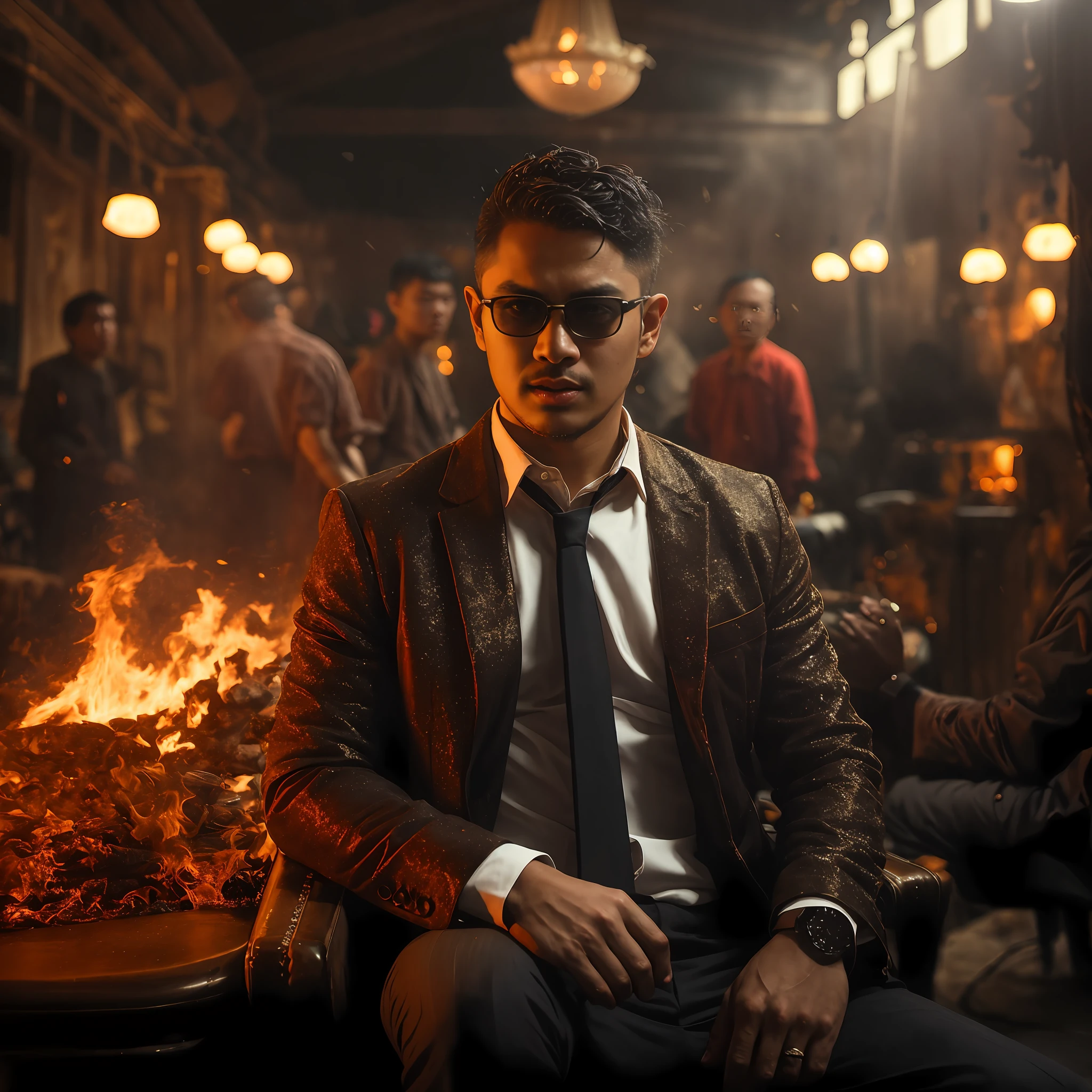there is a man Kyaw Zay Ya sitting in a chair in a room with a fire, in style of kar wai wong, handsome man, LoRA face Kyaw Zay Ya, detailed LoRa face (1.2), movie still 8 k, cinematic contrasted lighting, cinematic moody lighting, moody cinematic lighting, red and cinematic lighting, anton fadeev 8 k, cinematic lighting photography, cinematic outfit photo, cinematic gritty lighting, dramatic epic cinematic lighting, portrait shot, cinematic ligting, cinematic shot epic portraits