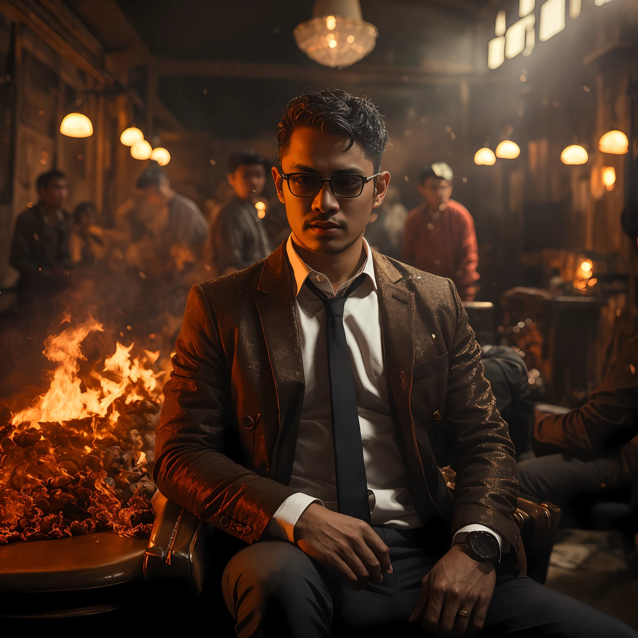 there is a man Kyaw Zay Ya sitting in a chair in a room with a fire, in style of kar wai wong, handsome man, LoRA face Kyaw Zay Ya, detailed LoRa face (1.2), movie still 8 k, cinematic contrasted lighting, cinematic moody lighting, moody cinematic lighting, red and cinematic lighting, anton fadeev 8 k, cinematic lighting photography, cinematic outfit photo, cinematic gritty lighting, dramatic epic cinematic lighting, portrait shot, cinematic ligting, cinematic shot epic portraits