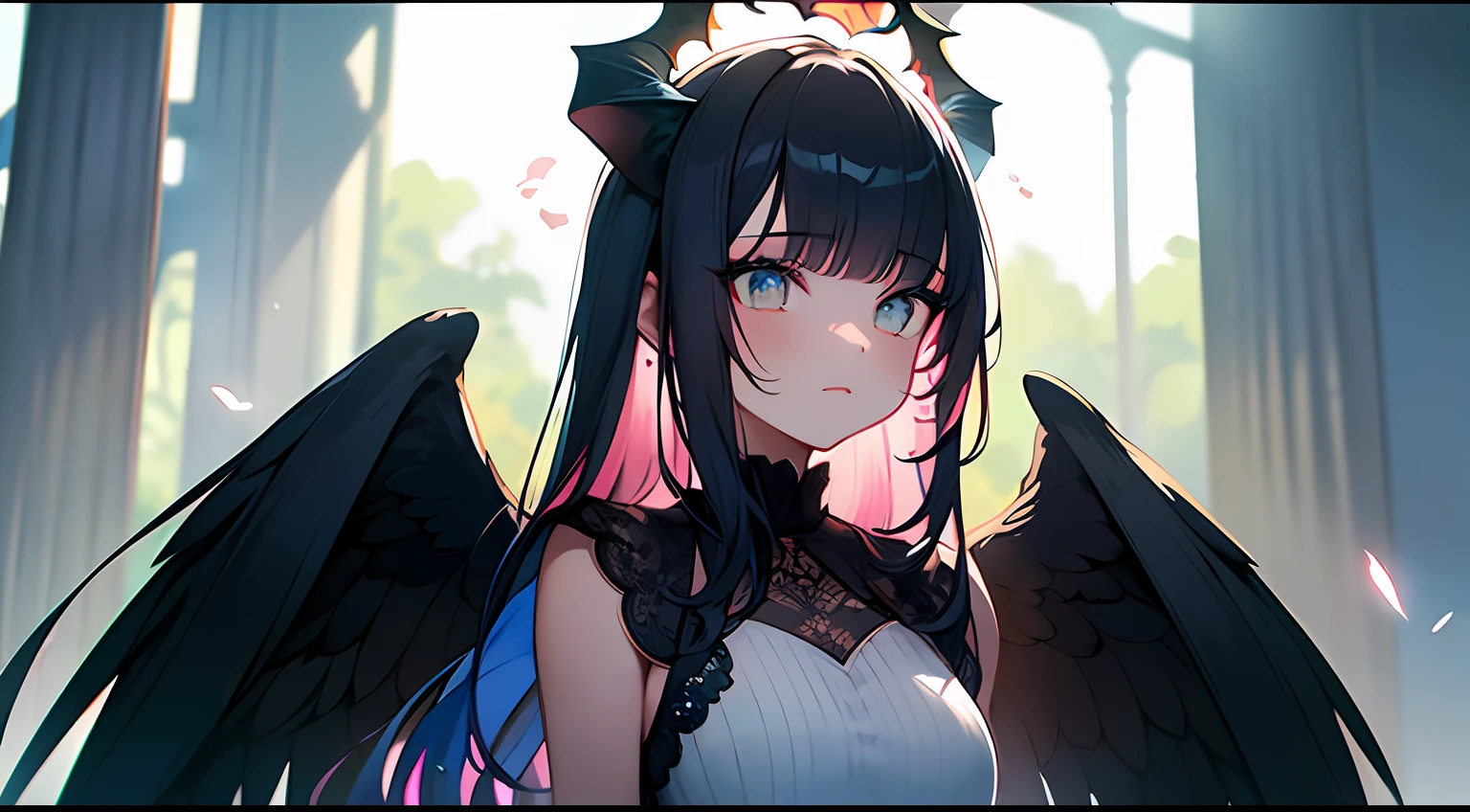 (Masterpiece:1.2), best quality, (illustration:1.2), (ultra-detailed),Eye focus,(Masterfully crafted Glow, pink lens flare), (Cinematic background), hyper details, (delicate detailed), (intricate details),in the air, octane render, hdr, (hyperdetailed:1.15), (soft light:1.2), 1girl, beautiful girl, ultra detailed eyes, mature, plump, thick, rainbow painting drops, paint teardrops, woman made up from paint, entirely paint, splat, splash, outdoors, (bioluminescent hair:1.1),(glowing eyes), ((makeup)),(Cinematic masterpiece), fierce, powerful, splashes of colour absolutely eye-catching, (Cinematic headlight), light coming from above, growing shadows, ((caustic)), dynamic angle, beautiful detailed glow, ambient occlusion, ambient light, raytraced reflections,(best illumination, an extremely delicate and beautiful), ((cinematic light)), (soft:2), (Nephilim:1.2), (halo), demon horns,(1 angel wing),1 demon wing, wings on back, half demon, demon ears, black wings, raven wings, (falling raven feathers), black hair, grey eyes, (red hair glow), (radiant aura),