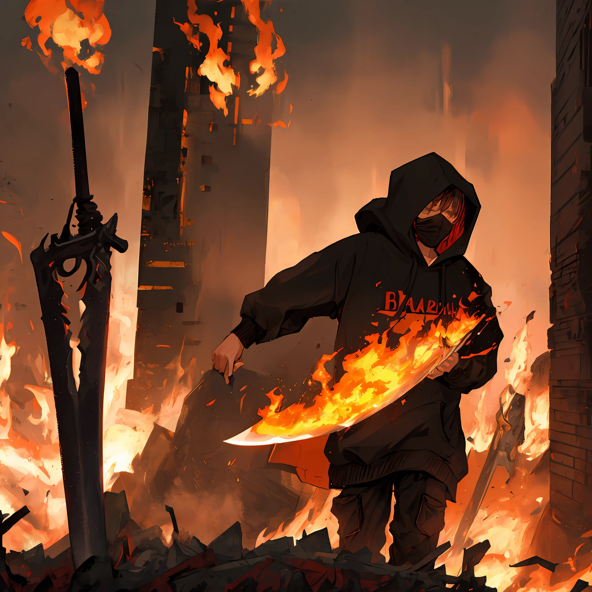 A character in a black hoodie stands against the backdrop of a burning building, His face is not visible, In the hands of a bloody sword