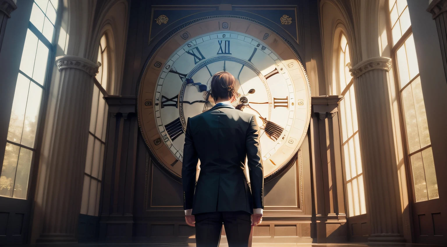 MAKE ME A MAN STANDING, IN FRONT OF A GIANT CLOCK THAT REPRESENTS LIFE