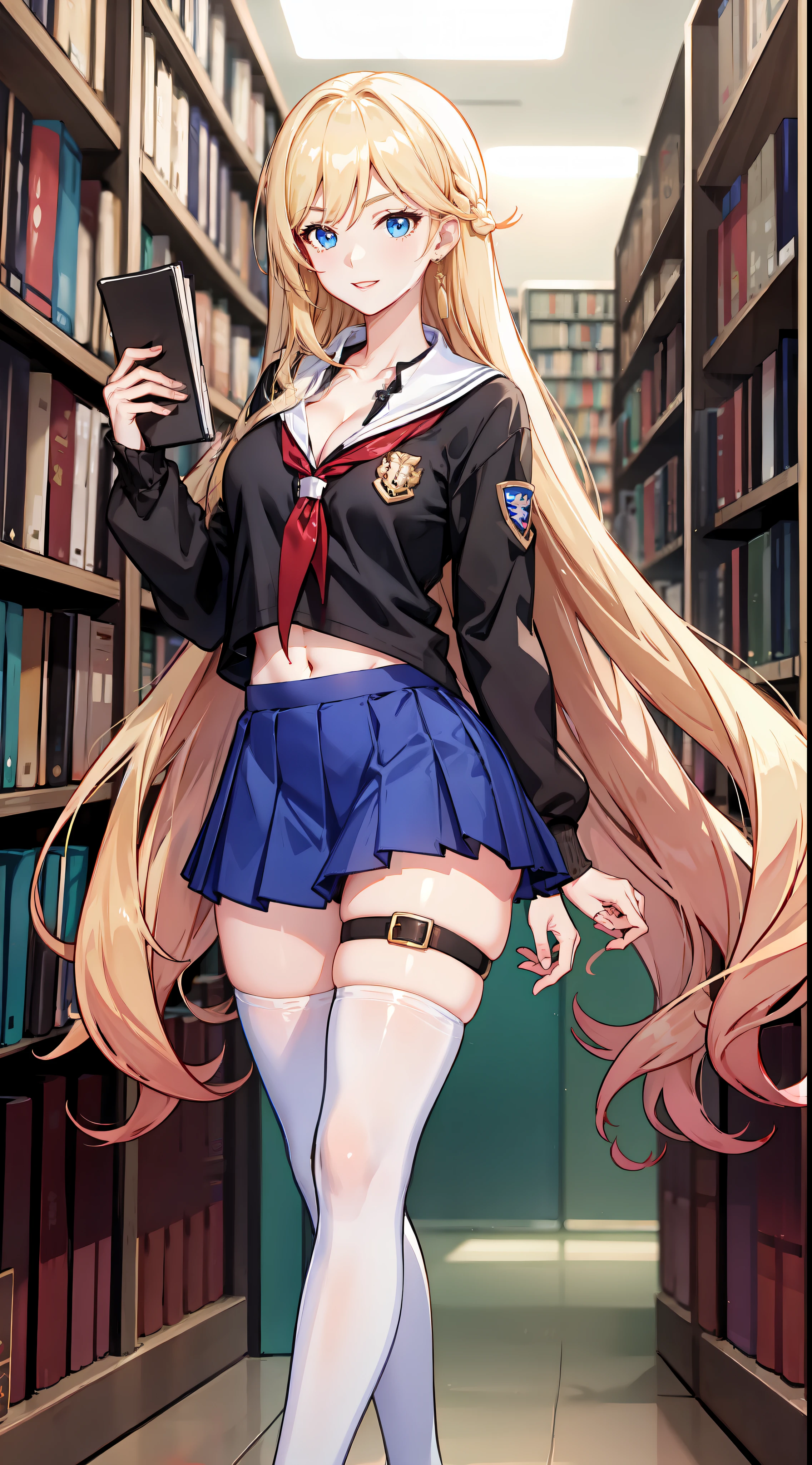 slim legs, happy, cleavage, short skirt, navel, blue eyes, school uniform, thigh high socks, stand, library , blonde hair, long hair