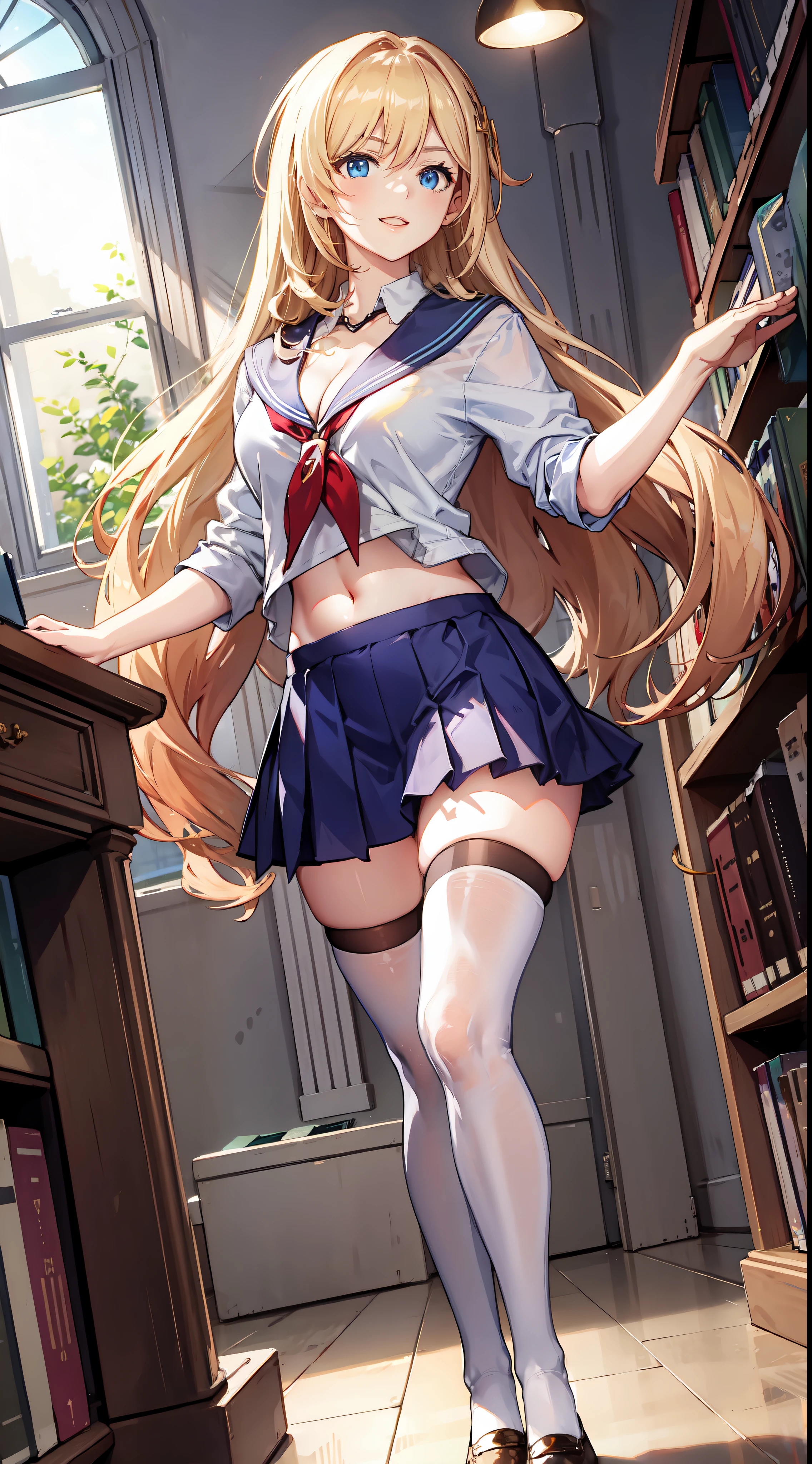 slim legs, happy, cleavage, short skirt, navel, blue eyes, school uniform, thigh high socks, stand, library , blonde hair, long hair