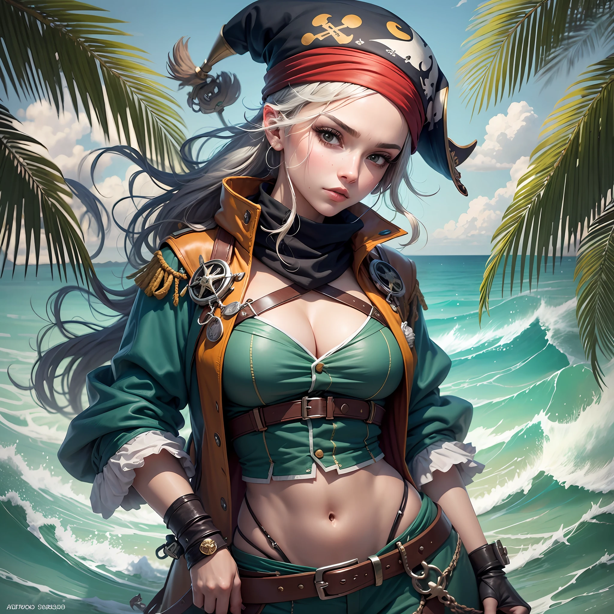 Join the daring treasure hunter, Jade, enquanto ela navega em mar aberto em busca de tesouros piratas enterrados. Sua roupa cativante combina elementos de um traje tradicional de pirata com um toque de estilo moderno, making it impressive and formidable. --auto --s2