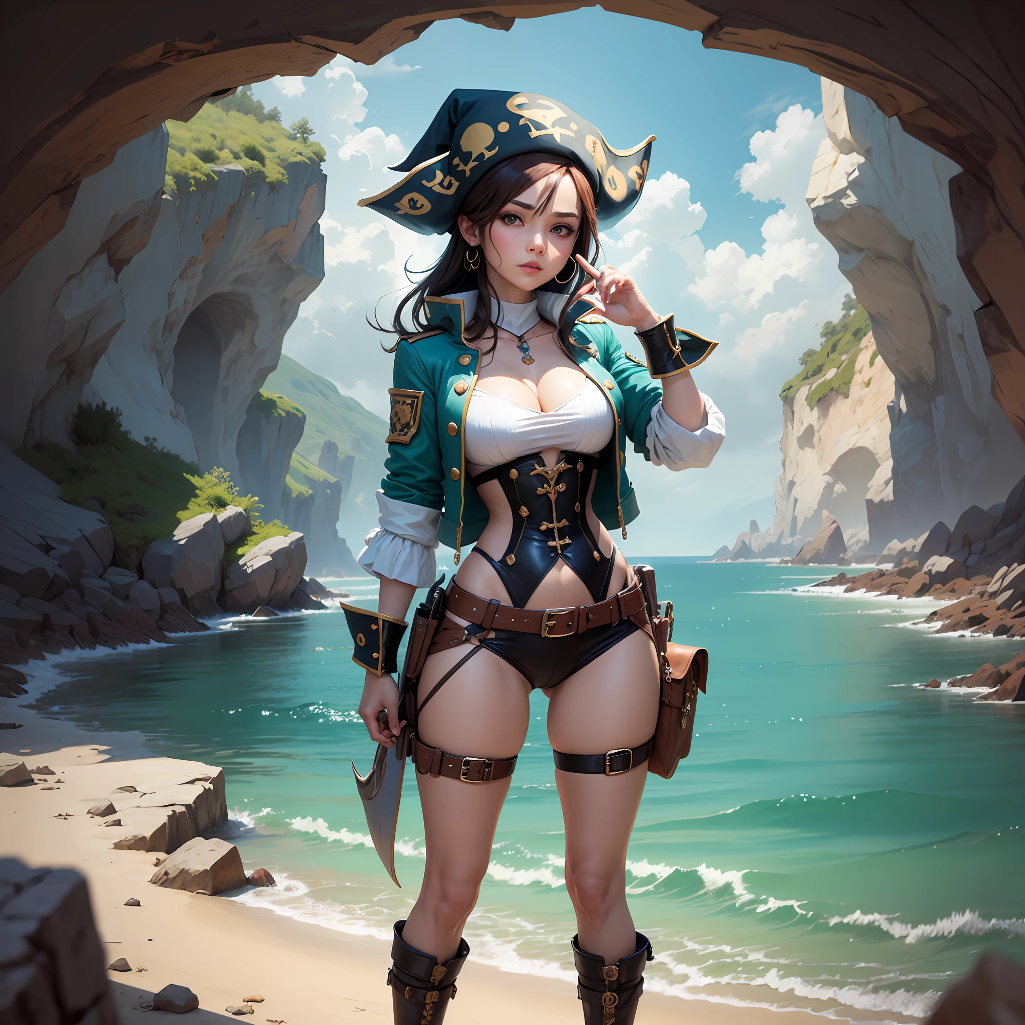 Join the daring treasure hunter, Jade, enquanto ela navega em mar aberto em busca de tesouros piratas enterrados. Sua roupa cativante combina elementos de um traje tradicional de pirata com um toque de estilo moderno, making it impressive and formidable. --auto --s2