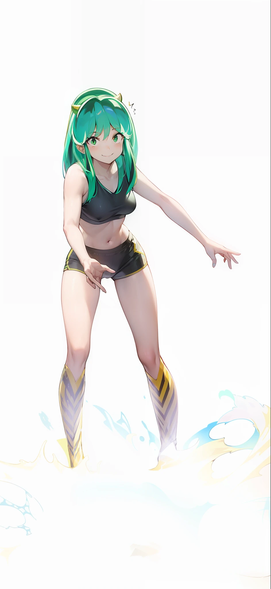 Tiger print boots、sport underwear、Woman with green hair and horns、dance、animesque、urusei yatsura、A smile、Background white