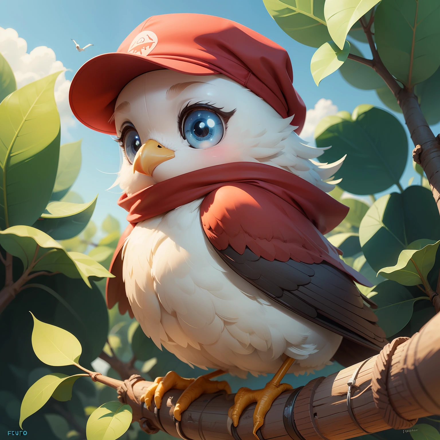 I want a character for children's drawing that was a small bird, fofo, and that he wore a red cap. fundo branco da imagem
