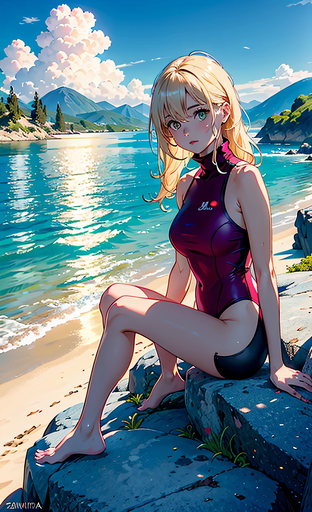 1 girl in, serene expression, ojos morados fascinantes, largo, ((cabello rosado lacio)), (((Light yellow turtleneck swimsuit))), (((sentada en una roca con las piernas cruzadas))),postura serena, piel de porcelana, rubor sutil, (edge lighting): 1.2, warm tones, resplandor solar, sombras suaves, colores vibrantes, Pictorial effect, Dreamy atmosphere BREAK scenic lake, Distant mountains, salsa, aguas tranquilas, reflejo, nubes iluminadas por el sol, ambiente tranquilo, Idyllic sunset, ultra detallado, arte oficial, fondo de pantalla de unidad 8k, Zentangle, mandala,