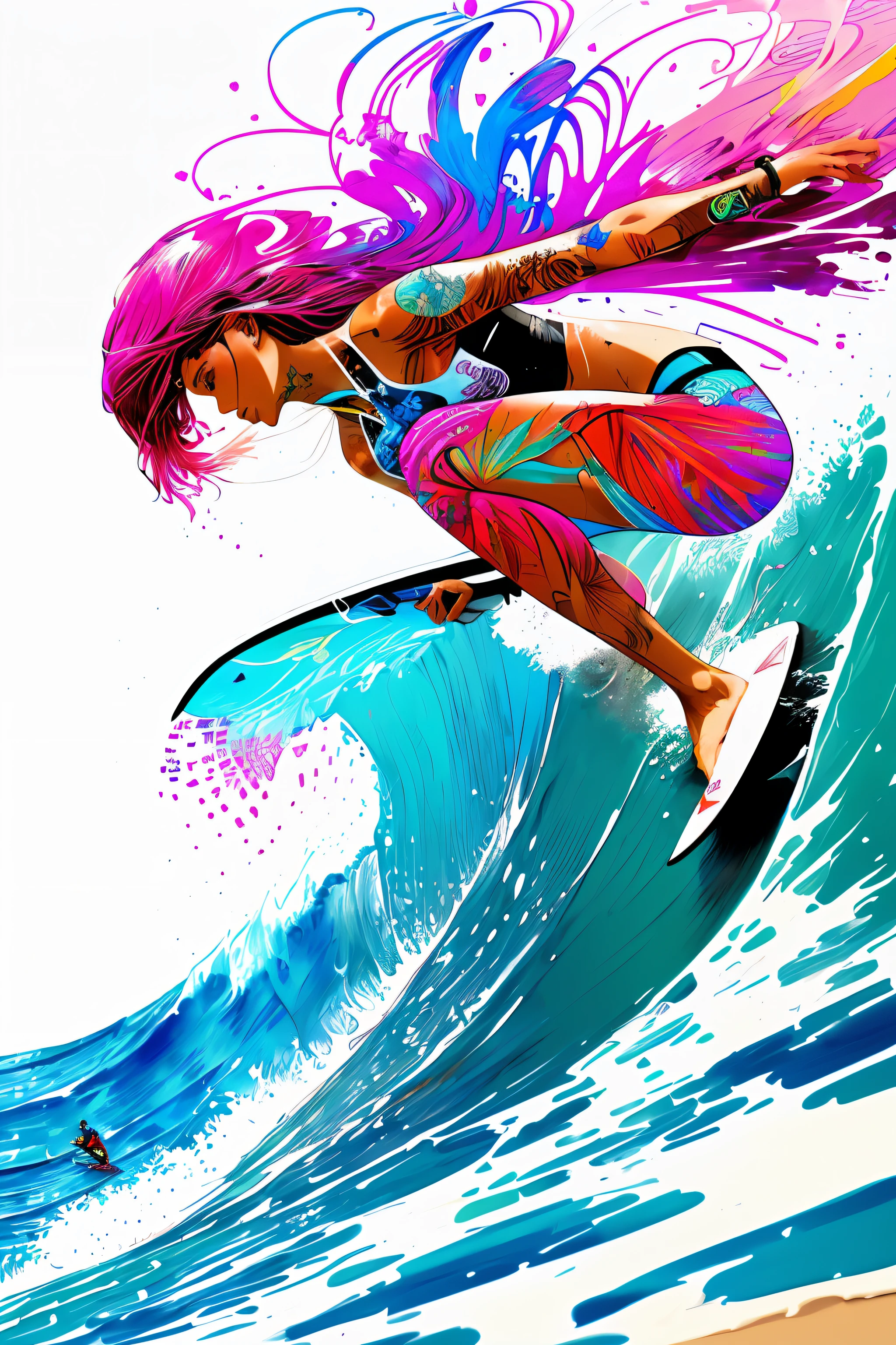 Female surfer riding waves on the beach, centered, key visual, intricate, highly detailed, breathtaking beauty, precise lineart, vibrant, comprehensive cinematic, Carne Griffiths, Conrad Roset, (the most beautiful portrait in the world:1.5)