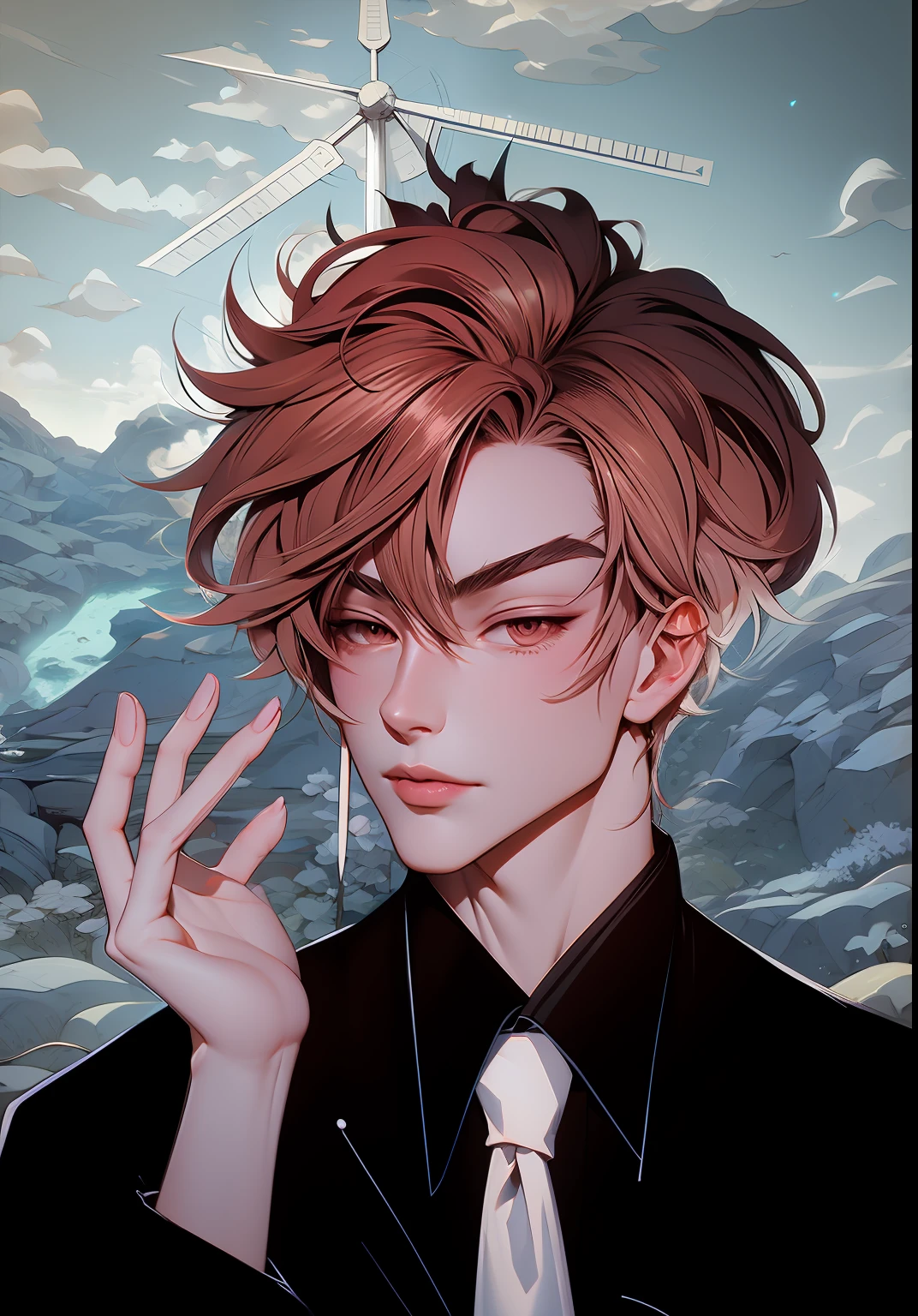 anime image of a man with a tie and a windmill in the background, handsome guy in demon slayer art, beautiful androgynous prince, delicate androgynous prince, anime portrait of a handsome man, male anime style, cai xukun, in the art style of bowater, anime style portrait, in an anime style, anime handsome man, in anime style,, beautiful line art, detailed manga style, extremely fine ink lineart,exquisite line art, perfect lineart,exquisite line art, exquisite digital illustration, detailed digital drawing,digital anime illustration, a beautiful artwork illustration, detailed matte fantasy portrait, beautiful line art, great digital art with details, goddess. extremely high detail, 4k detailed digital art, stunning digital illustration, digital fantasy illustration,((Best quality)), ((masterpiece)), (detailed:1.4), 3D, an image of a beautiful female,HDR (High Dynamic Range),Ray Tracing,NVIDIA RTX,Super-Resolution,Unreal 5,Subsurface scattering,PBR Texturing,Post-processing,Anisotropic Filtering,Depth-of-field,Maximum clarity and sharpness,Multi-layered textures,Albedo and Specular maps,Surface shading,Accurate simulation of light-material interaction,Perfect proportions,Octane Render, Two-tone lighting,Wide aperture,Low ISO,White balance,Rule of thirds,8K RAW,subsurface scattering, best ratio of four fingers and one thumb,