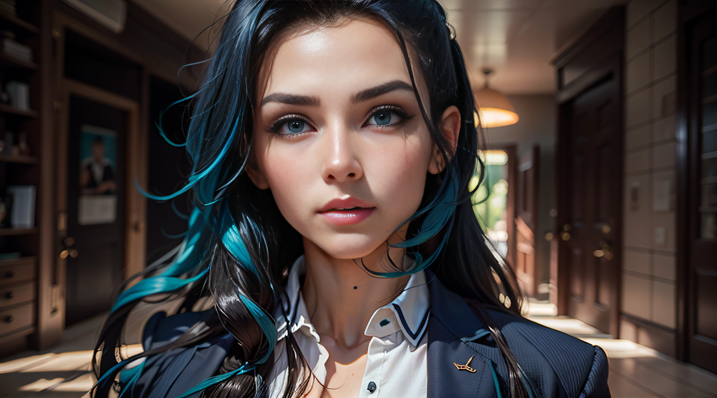 mulher de 21 anos de idade, usando blazer azul marinho, russa, pele branca, cabelos castanhos, olhos azuis, imagem realista, imagem perfeita, rosto perfeito, cinematic lighthing, displaying from waist to head