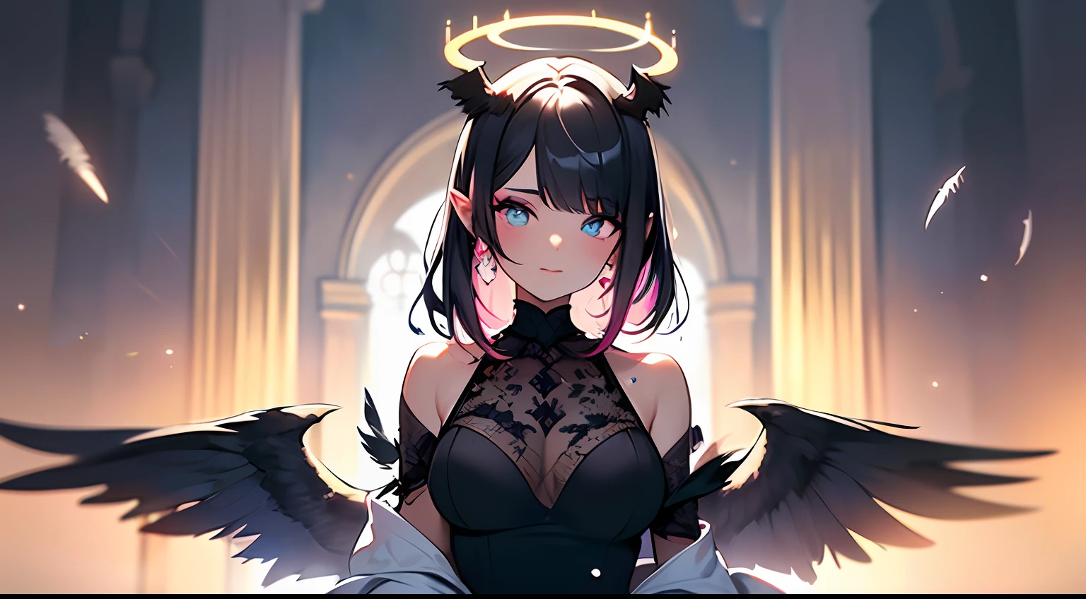 (Masterpiece:1.2), best quality, (illustration:1.2), (ultra-detailed),Eye focus,(Masterfully crafted Glow, pink lens flare), (Cinematic background), hyper details, (delicate detailed), (intricate details),in the air, octane render, hdr, (hyperdetailed:1.15), (soft light:1.2), 1girl, beautiful girl, ultra detailed eyes, mature, plump, thick, rainbow painting drops, paint teardrops, woman made up from paint, entirely paint, splat, splash, outdoors, (bioluminescent hair:1.1),(glowing eyes), ((makeup)),(Cinematic masterpiece), fierce, powerful, splashes of colour absolutely eye-catching, (Cinematic headlight), light coming from above, growing shadows, ((caustic)), dynamic angle, beautiful detailed glow, ambient occlusion, ambient light, raytraced reflections,(best illumination, an extremely delicate and beautiful), ((cinematic light)), (soft:2), (Nephilim:1.2), (halo), demon horns,(1 angel wing),1 demon wing, wings on back, half demon, demon ears, black wings, raven wings, (falling raven feathers), black hair, grey eyes, (red hair glow), (radiant aura),