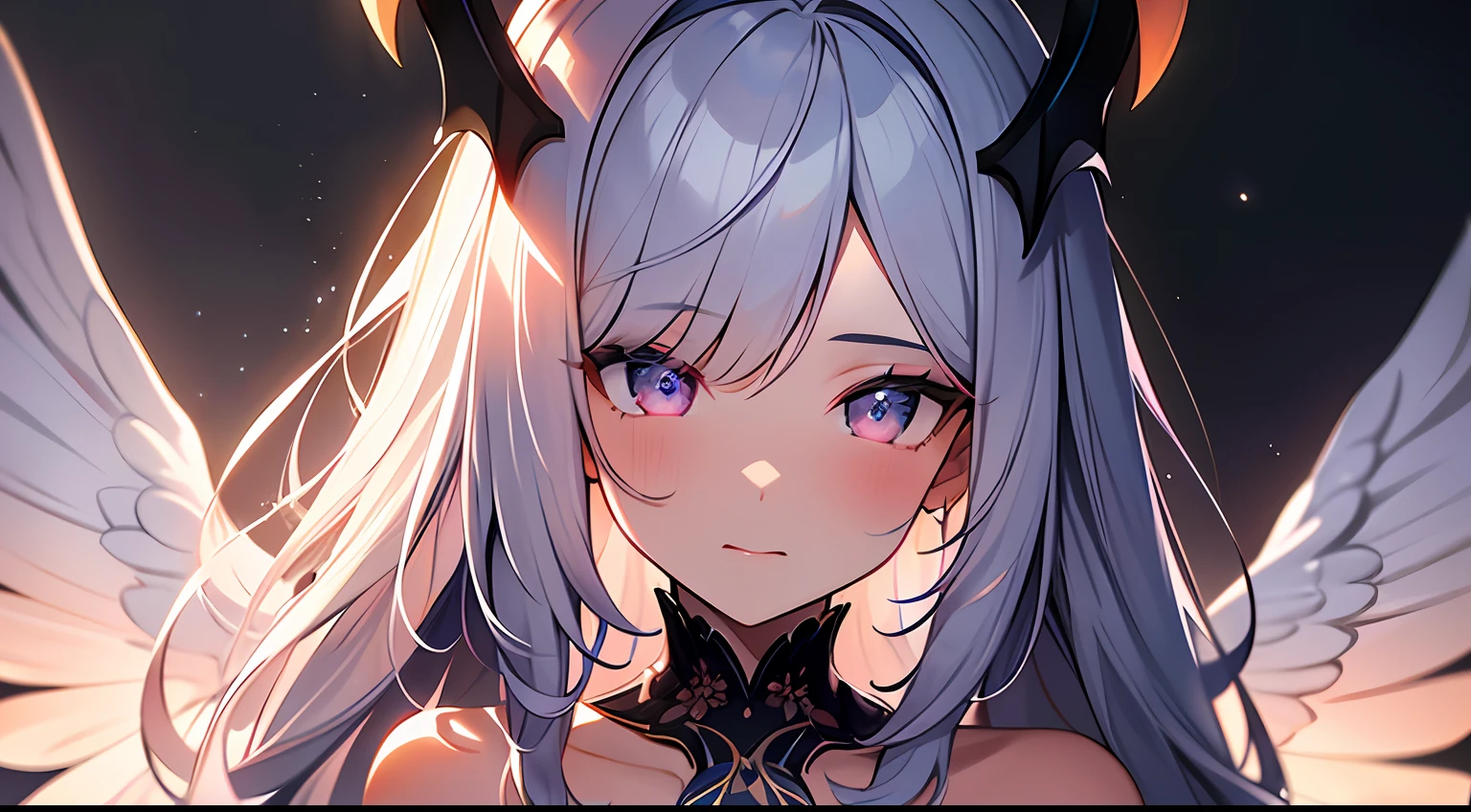 (Masterpiece:1.2), best quality, (illustration:1.2), (ultra-detailed),Eye focus,(Masterfully crafted Glow, pink lens flare), (Cinematic background), hyper details, (delicate detailed), (intricate details),in the air, octane render, hdr, (hyperdetailed:1.15), (soft light:1.2), 1girl, beautiful girl, ultra detailed eyes, mature, plump, thick, rainbow painting drops, paint teardrops, woman made up from paint, entirely paint, splat, splash, outdoors, (bioluminescent hair:1.1),(glowing eyes), ((makeup)),(Cinematic masterpiece), fierce, powerful, splashes of colour absolutely eye-catching, (Cinematic headlight), light coming from above, growing shadows, ((caustic)), dynamic angle, beautiful detailed glow, ambient occlusion, ambient light, raytraced reflections,(best illumination, an extremely delicate and beautiful), ((cinematic light)), (soft:2), (Nephilim:1.2), (halo), demon horns,(1 angel wing),1 demon wing, wings on back, half demon, demon ears, black wings, raven wings, (falling raven feathers), black hair, grey eyes, (red hair glow), (radiant aura),