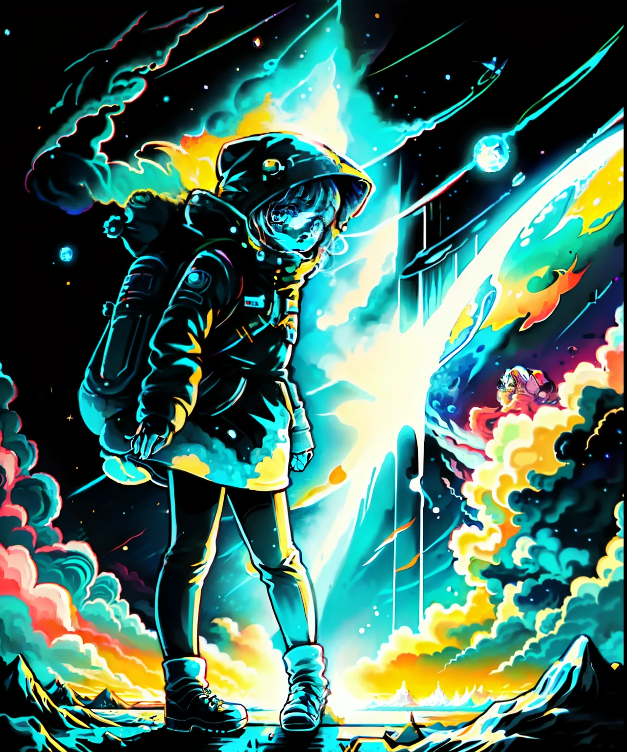 Girl looks at a winter in space, art, beautiful illustration