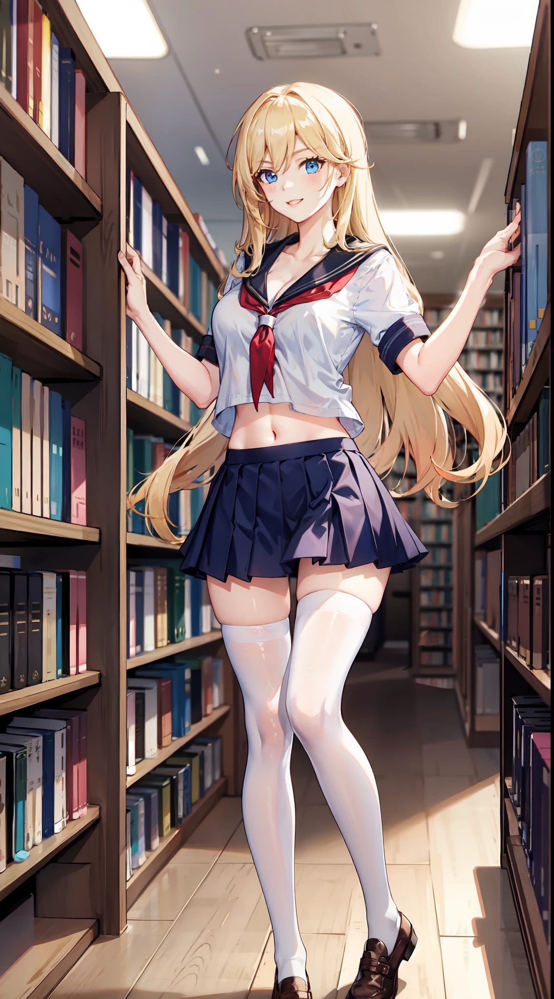 slim legs, happy, cleavage, short skirt, navel, blue eyes, school uniform, thigh high socks, stand, library , blonde hair, long hair