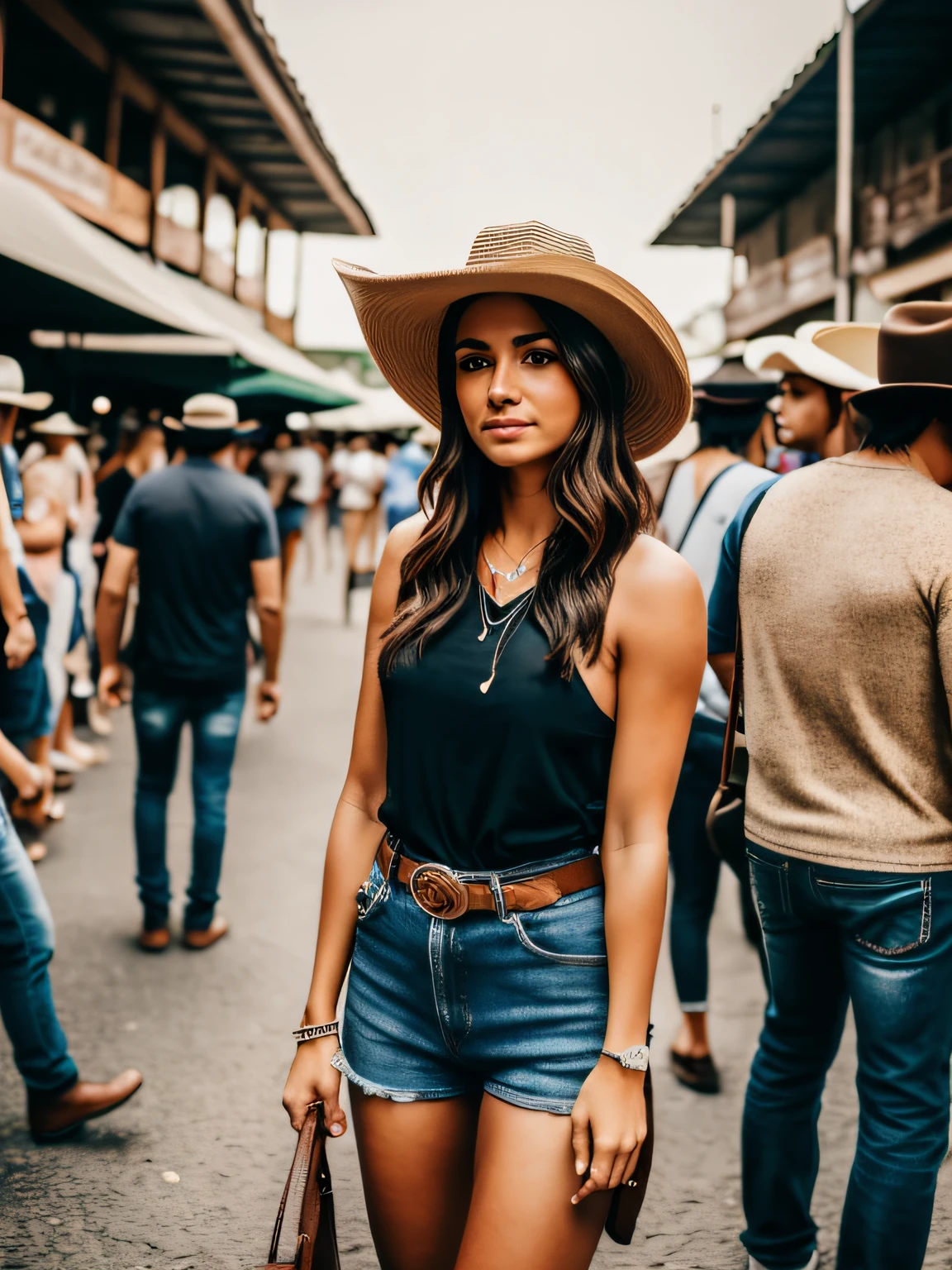 Foto RAW de uma mulher branca do sul de 24 anos, average-looking person, de costas olhando pro lado, cabelo loiro, wearing a cowgirl hat and brown boots, sardas, (rosto detalhado), corpo em forma, ((meio corpo)), em um evento sertanejo, palco ao fundo, crowd of people with hats in the background, de noite, (pele altamente detalhada: 1.2), 8k uhd, dslr, soft-lighting, alta qualidade, grain of film, Fujifilm XT3