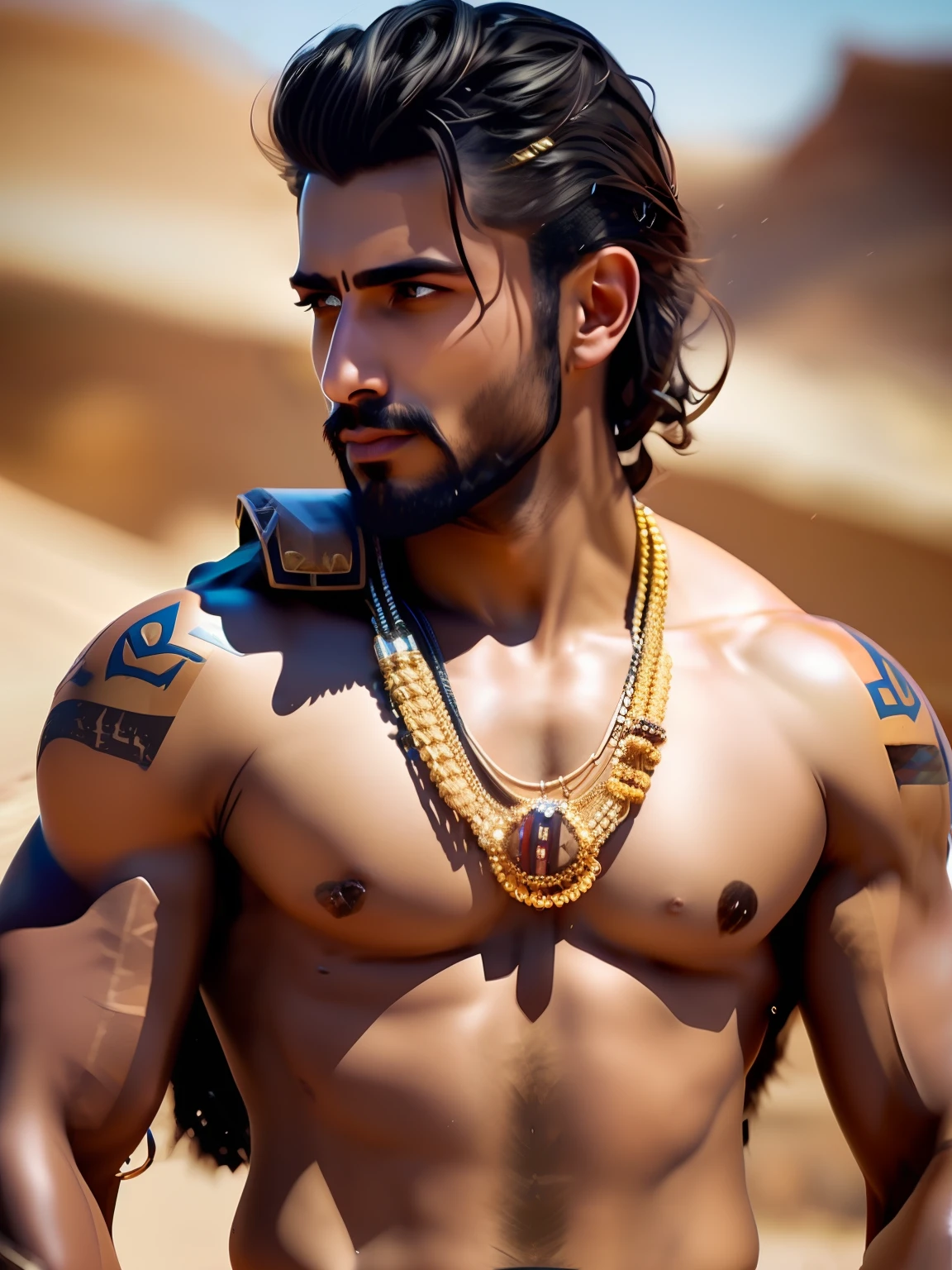fking_scifi, fking_scifi_v2, portrait of a young, muscular very handsome and attractive Arabic warrior man, in front of an sand desert, long messy hair, hairy body, rich colorful and golden jewelry, close up, regal pose and attitude. fking_cinema_v2.