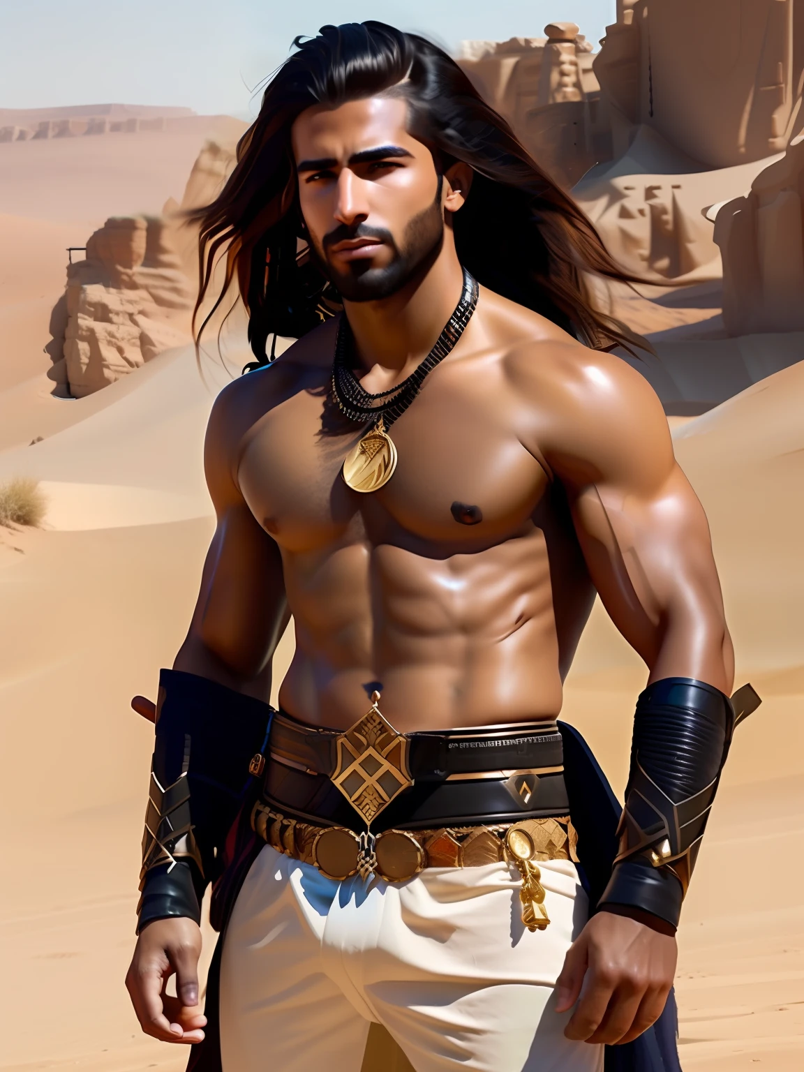 fking_scifi, fking_scifi_v2, portrait of a young, muscular very handsome and attractive Arabic warrior man, in front of an sand desert, long messy hair, hairy body, rich colorful and golden jewelry, close up, regal pose and attitude. fking_cinema_v2.