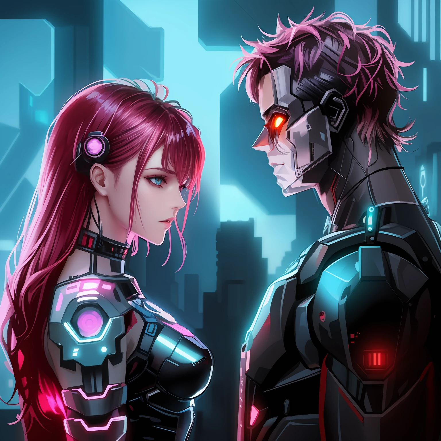 Anime-style illustration of men and women in futuristic clothes, cyborg - girl, Alena Aenami and Android Jones, cyberpunk themed art, cyberpunk art, cyberpunk artstyle, Cyborgs, cyberpunk cyborg. roses, advanced digital cyberpunk art, cyberpunk cyborg, cyberpunk illustration, high quality cyberpunk art, ( ( Cyborg robots ) ), digital cyberpunk anime art