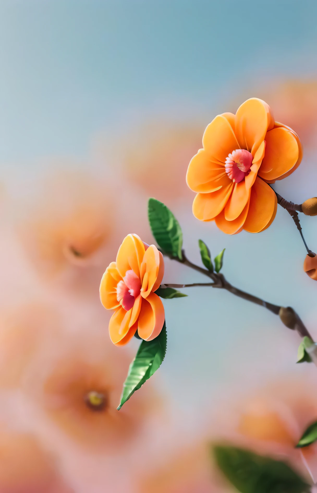 Realistic, real life, beautiful (closeup (Apricot pink flower:1.2):1.3), a branch of a tree with with background by greg rutkowski, style of laurie greasley, studio ghibli, akira toriyama, james gilleard, genshin impact, trending pixiv fanbox, acrylic palette knife, 4k, (vibrant colors), (highly saturated), devinart, trending on artstation