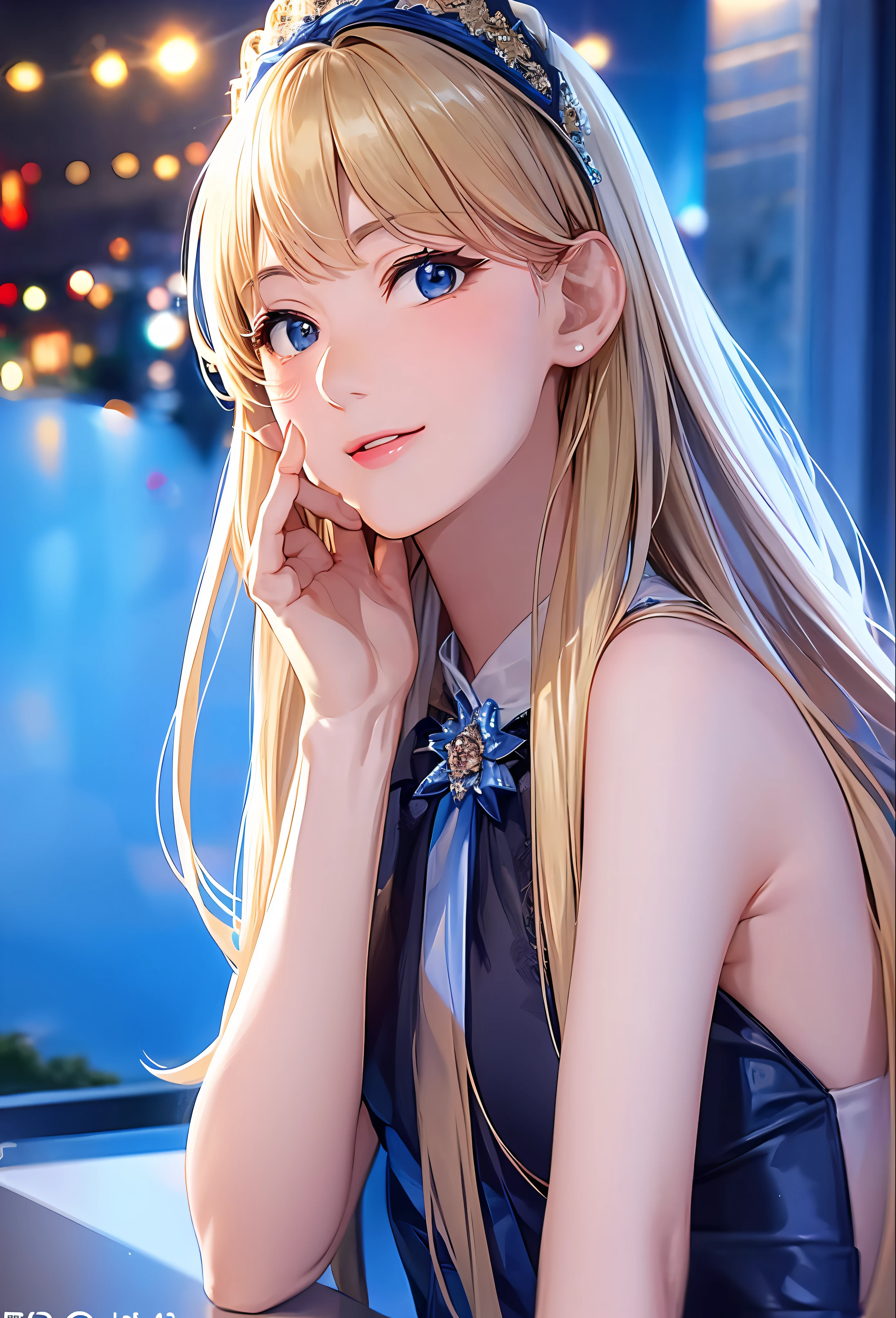 (8k, top quality, masterpiece: 1.2), (realistic, photorealistic: 1.37), super detailed, girl alone, cute, solo, midnight, beautiful detailed sky, detailed café, sitting, dating, (blush), (smile: 1.15), small breasts (mouth closed), beautiful fine eyes, floating hair NovaFrogStyle, back open dress, blue rose accessories, Blue rose background