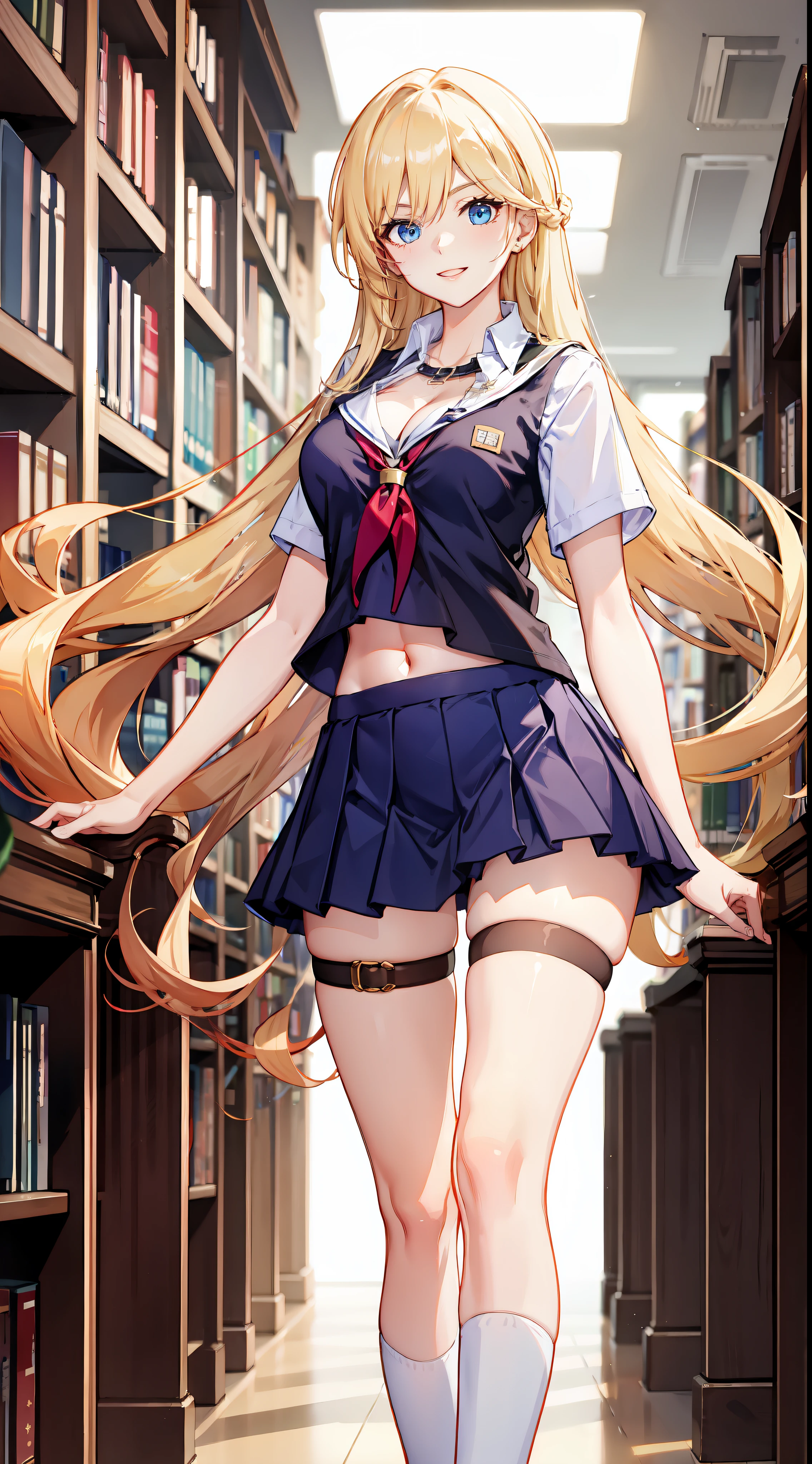 slim legs, happy, cleavage, short skirt, navel, blue eyes, school uniform, thigh high socks, stand, library , blonde hair, long hair