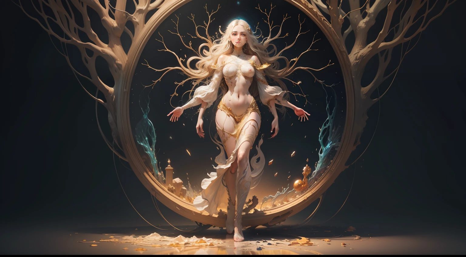Beautiful symmetrical full body photo painted in oil with thick brushstrokes and wet paint, Fibonacci, golden ratio, melted wax, visible brushstrokes, surrounded by crystal spheres, 3D tessellation wireframe, neural graphic, neurons, tree of life, color, love, passion, oil on canvas, thick brushstrokes, insanely detailed, 8k uhd, masterpiece, artstation, surreal