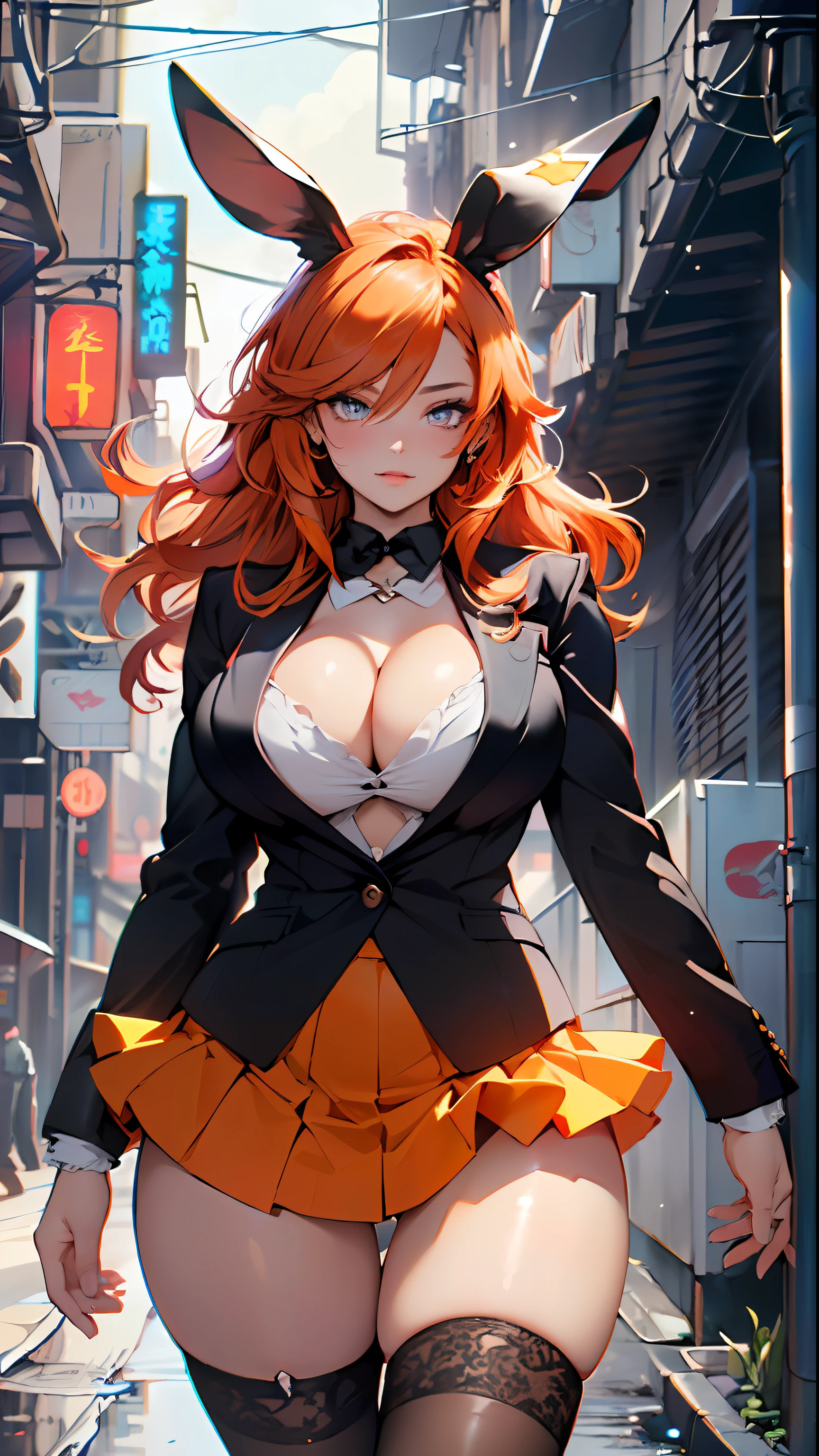 cute bunny girl,(((1girl))),((anime bunny girl with extremely cute and beautiful orange hair walking seductively down the street)),(((bunny girl,anthro furry cute,bunny-girl))),(((bunny ears,bunny ears on head,big bunny ears))),
(large breasts:1.4),saggy breasts,(((red orange hair:1.35,colored inner hair,ear breathing,large hair))),((heterochromia, eye1 red, eye2 orange, perfect eyes, upturned eyes:1.3, beautiful detailed eyes, finely detailed beautiful eyes:1, big highlight on eyes:1.2, slanted eyes)), ((fat)),(((lustrous skin:1.5,bright skin: 1.5,skin tanned,shiny skin,very shiny skin,shiny body,plastic glitter skin,exaggerated shiny skin))),(spider lower abdomen,narrow waist,wide hip,athletic body,inflated legs,delicate detailed fingers,detailed body,detailed arms,human hands, detailed hands),
cute,slutty,seductive,erotic,nsfw,
(((wearing dark red formal blazer, short skirt,))), (((huge cleavage))), (detailed outfit,detailed clothes),
(dynamic pose:1.0), solo focus, embarrassed, centered, scale to fit dimensions, Rule of thirds,
outdoors, ((night view)), (cyberpunk night street Background: 1.5,dark sky,alleyway,lonely alley,thick clouds, detailed background:1.25),
(best quality), (high resolution), (sharp focus), (ultra detailed), (extremely detailed), (extremely high quality artwork), 8k_wallpaper, (extremely detailed CG 8k),(very fine 8K CG), ((hyper super ultra detailed perfect piece)), flawless, (((masterpiece))), illustration, vibrant colors, (intricate), High contrast, Selective lighting, Double exposure, HDR (High Dynamic Range), Post-processing, Background blur,