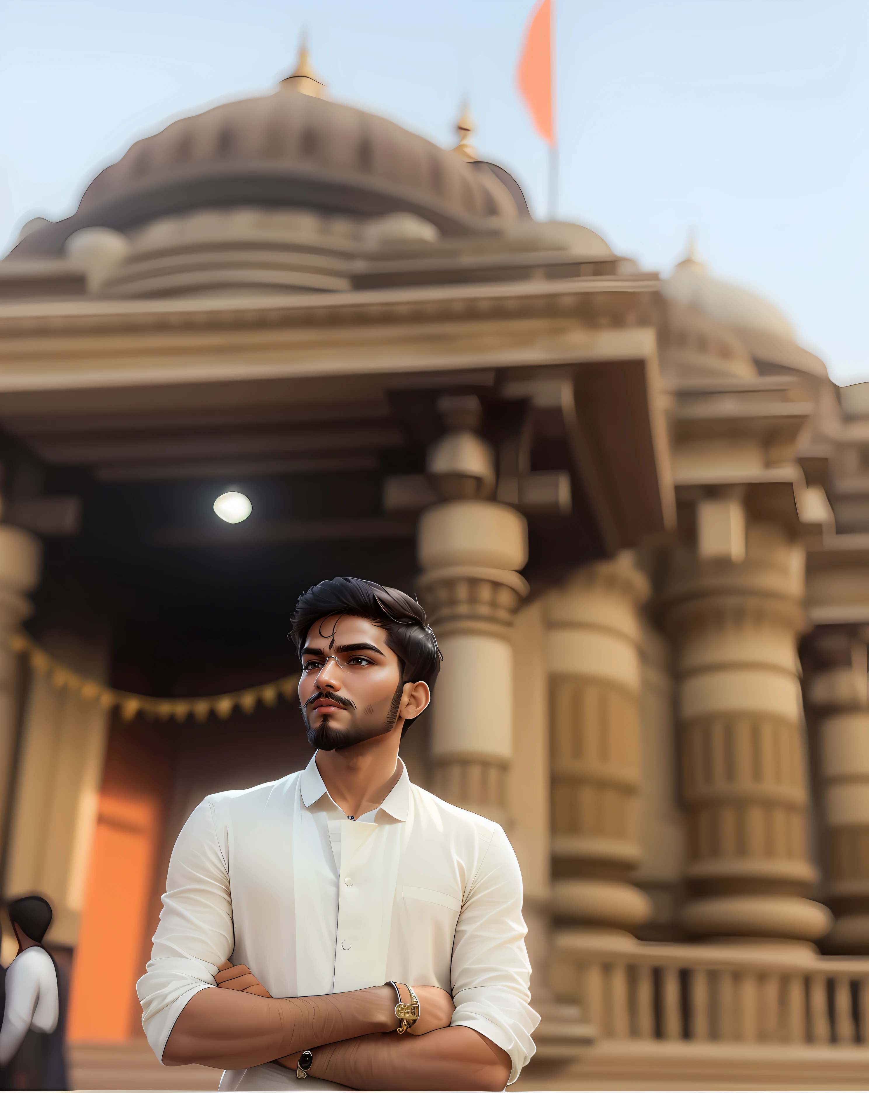 Smart indian boy, wearing formals, small beard, clear face, amazing architecture in the background, award winning photography, hyperealistic, Anime, 8k