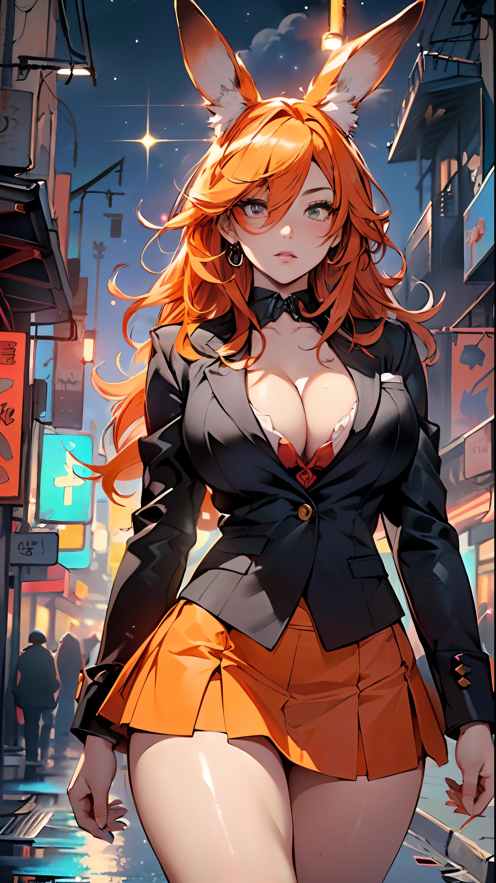 cute bunny girl,(((1girl))),((anime bunny girl with extremely cute and beautiful orange hair walking seductively down the street)),(((bunny girl,anthro furry cute,bunny-girl))),(((bunny ears,bunny ears on head,big bunny ears))),


(large breasts:1.4),saggy breasts,(((red orange hair:1.35,colored inner hair,ear breathing,large hair))),((heterochromia, eye1 red, eye2 orange, perfect eyes, upturned eyes:1.3, beautiful detailed eyes, finely detailed beautiful eyes:1, big highlight on eyes:1.2, slanted eyes)), ((fat)),(((lustrous skin:1.5,bright skin: 1.5,skin tanned,shiny skin,very shiny skin,shiny body,plastic glitter skin,exaggerated shiny skin))),(spider lower abdomen,narrow waist,wide hip,athletic body,inflated legs,delicate detailed fingers,detailed body,detailed arms,human hands, detailed hands),

cute,slutty,seductive,erotic,nsfw, 

(((wearing dark red formal blazer, short skirt,))), (((huge cleavage))), (detailed outfit,detailed clothes),

(dynamic pose:1.0), solo focus, embarrassed, centered, scale to fit dimensions, Rule of thirds,

outdoors, ((night view)), (cyberpunk night street Background: 1.5,dark sky,alleyway,lonely alley,thick clouds, detailed background:1.25),

(best quality), (high resolution), (sharp focus), (ultra detailed), (extremely detailed), (extremely high quality artwork), 8k_wallpaper, (extremely detailed CG 8k),(very fine 8K CG), ((hyper super ultra detailed perfect piece)), flawless, (((masterpiece))), illustration, vibrant colors,  (intricate), High contrast, Selective lighting, Double exposure, HDR (High Dynamic Range), Post-processing, Background blur,