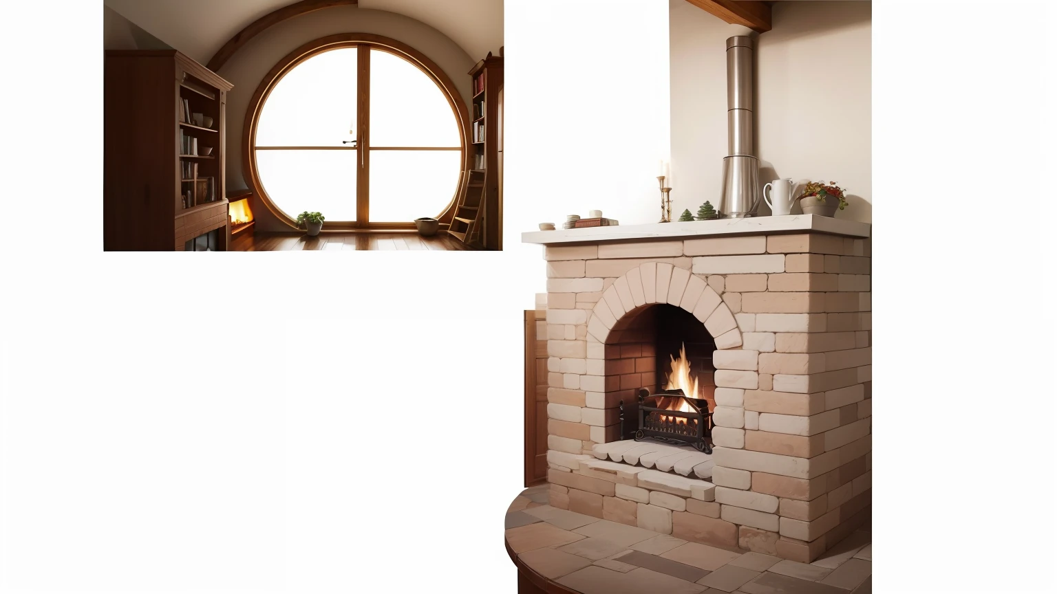 increase and complete this image with a cozy livingroom with fireplace and roundrd hobbit windows