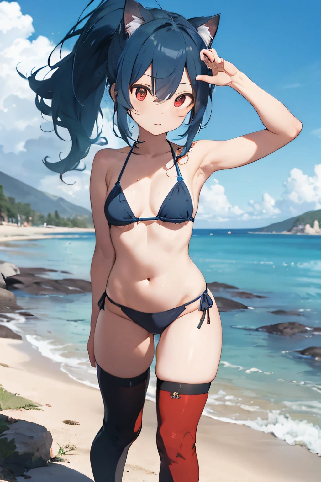 Movie angle, depth of field, (looking at the viewer), (right foreground: 1), (standing photo: 1),
Cat Eared Girl, (Solo),Blue Hair,(White Skin:1), (Curvaceous:1.2), (Wide Hips:1.1), Cat Eared Girl,
(Beautiful Coast Background), (Coast Background: 1.4), (Coast Background: 1.4),
(red clothes), (bare shoulders, red micro bikini), (T-back panties: 1.2), thigh boots,
(ponytail, hairs between the eyes), (blue-haired), (red eyes), (flat chest: 1.2),
expressionless, stunned, sleepy,
Wakame, wakame, wakame, wakame, wakame, wakame, wakame,
