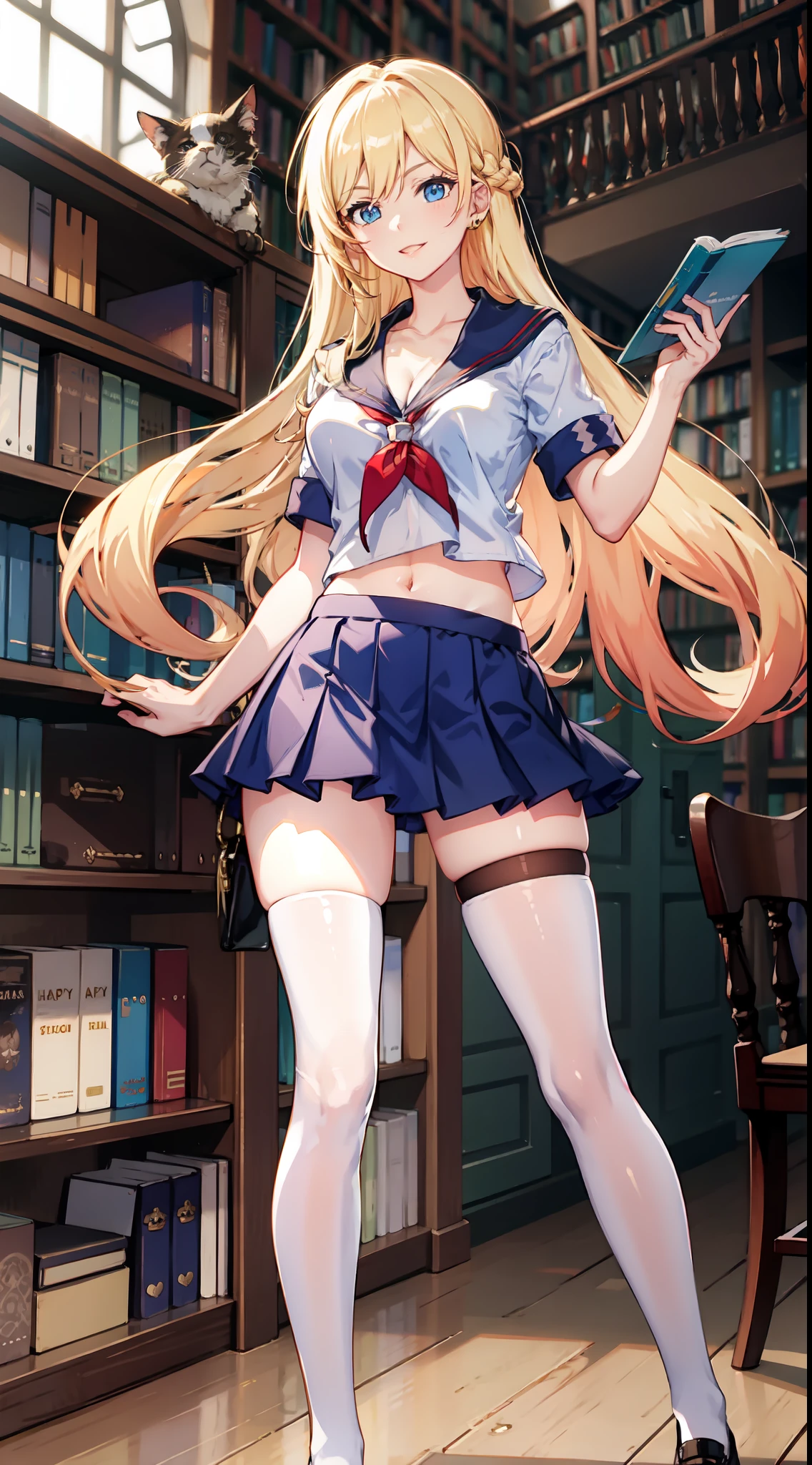 slim legs, happy, cleavage, short skirt, navel, blue eyes, school uniform, thigh high socks, stand, library , blonde hair, long hair