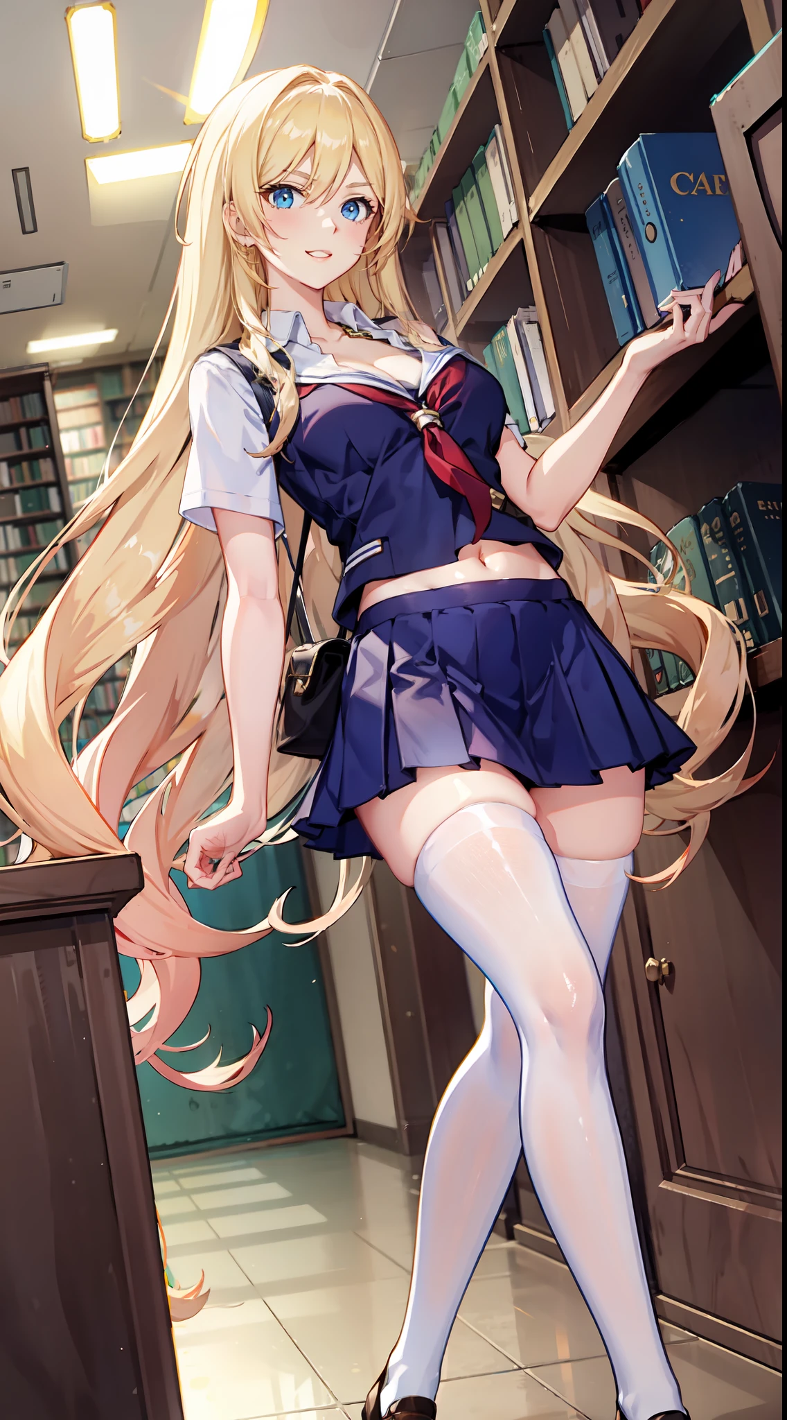 slim legs, happy, cleavage, short skirt, navel, blue eyes, school uniform, thigh high socks, stand, library , blonde hair, long hair