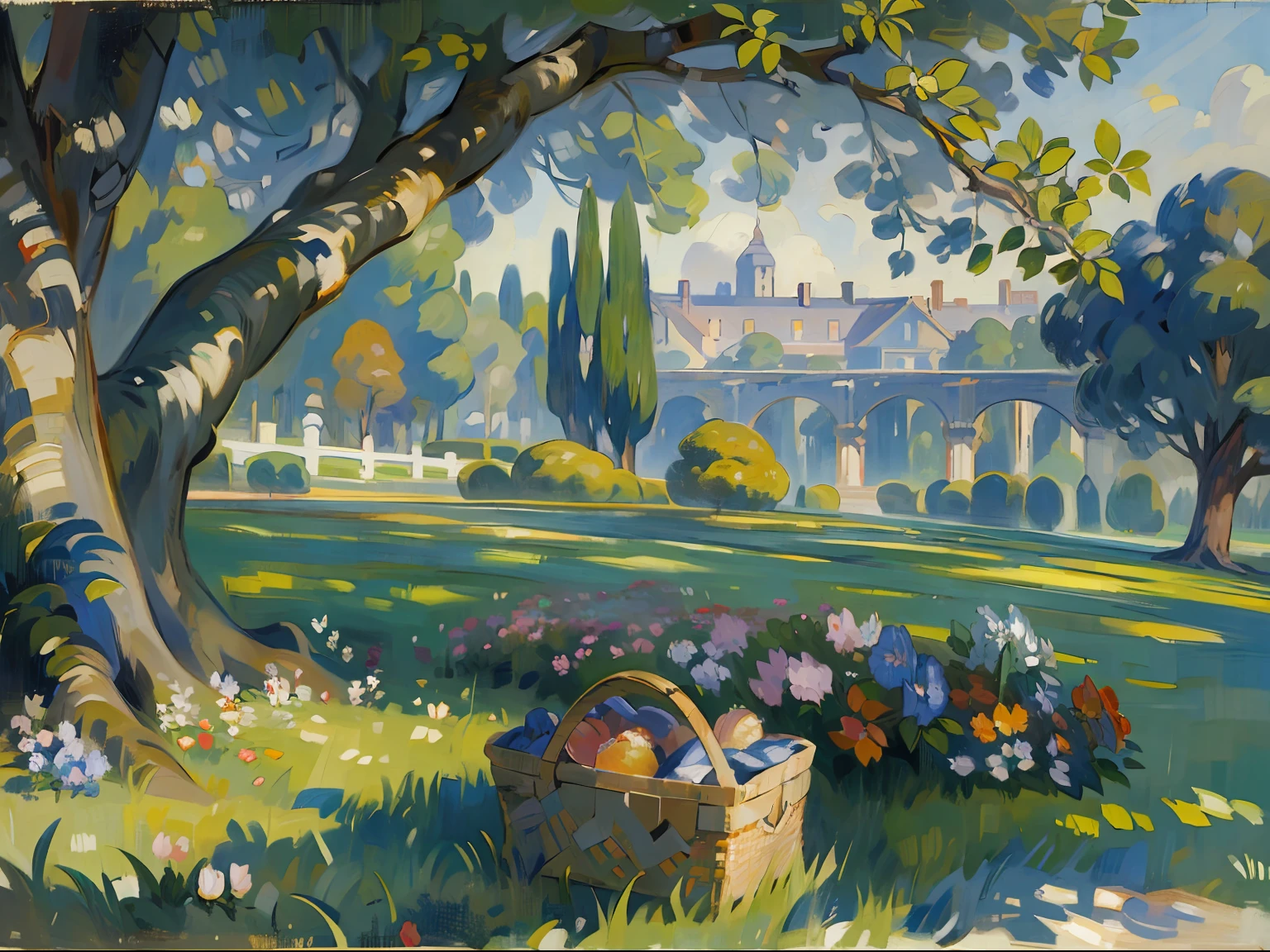 ((a tree)), ((oak)), ((ombre)), ((blanket)), ((picnic basket)), grass, Flowers, estate, palace, columns, ((19th century)), (Renoir), (Monet), (oil painting)