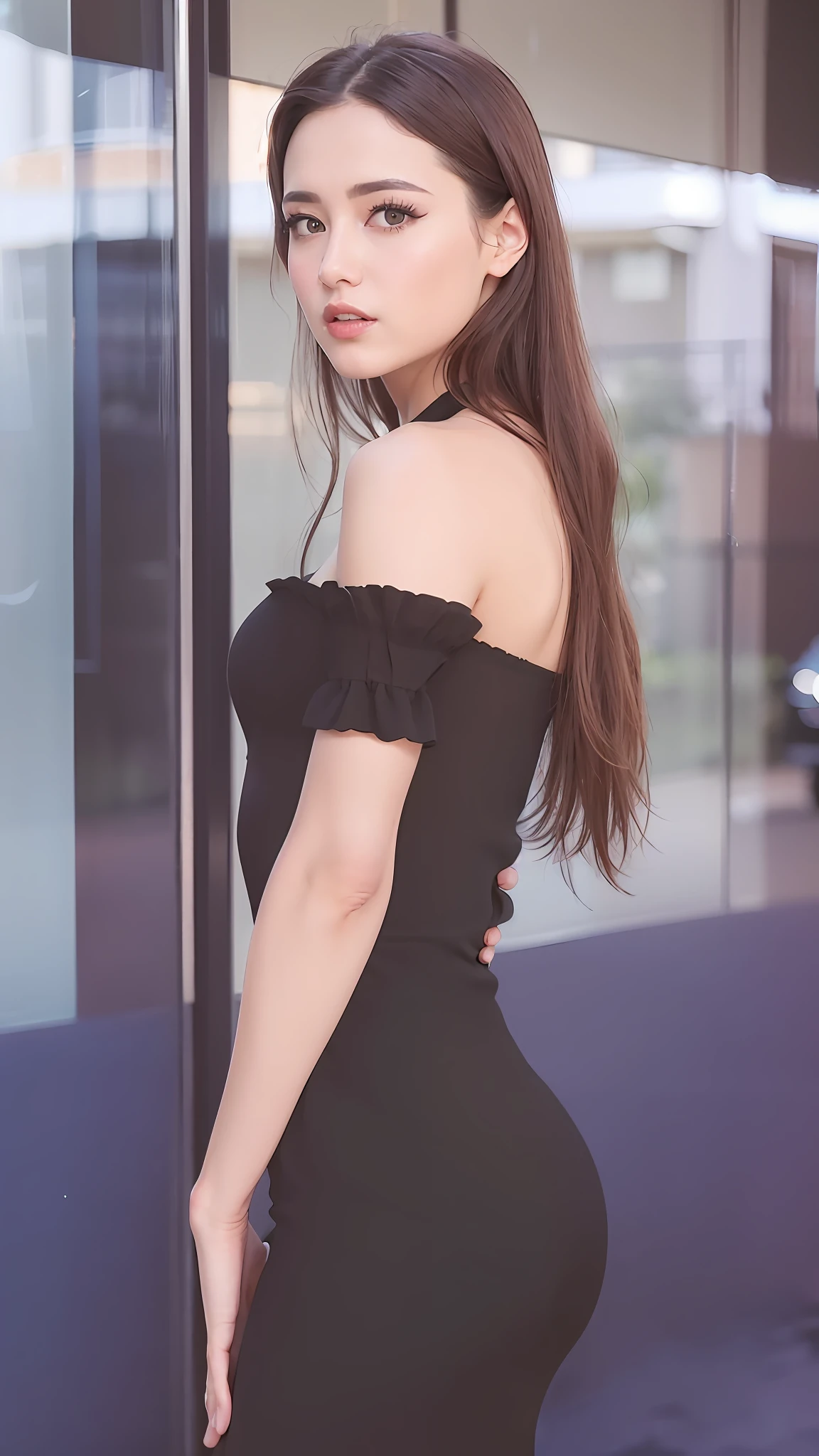 Close-up of a woman in a black dress standing in front of a glass door, wearing a tight black dress, wearing a black dress, she wears a black dress, Wearing a black dress, dilraba dilmurat, Black dress, Tight dress, lovely black dress, looking her shoulder, wearing a dark dress, Attractive girl, beautiful woman in a black dress