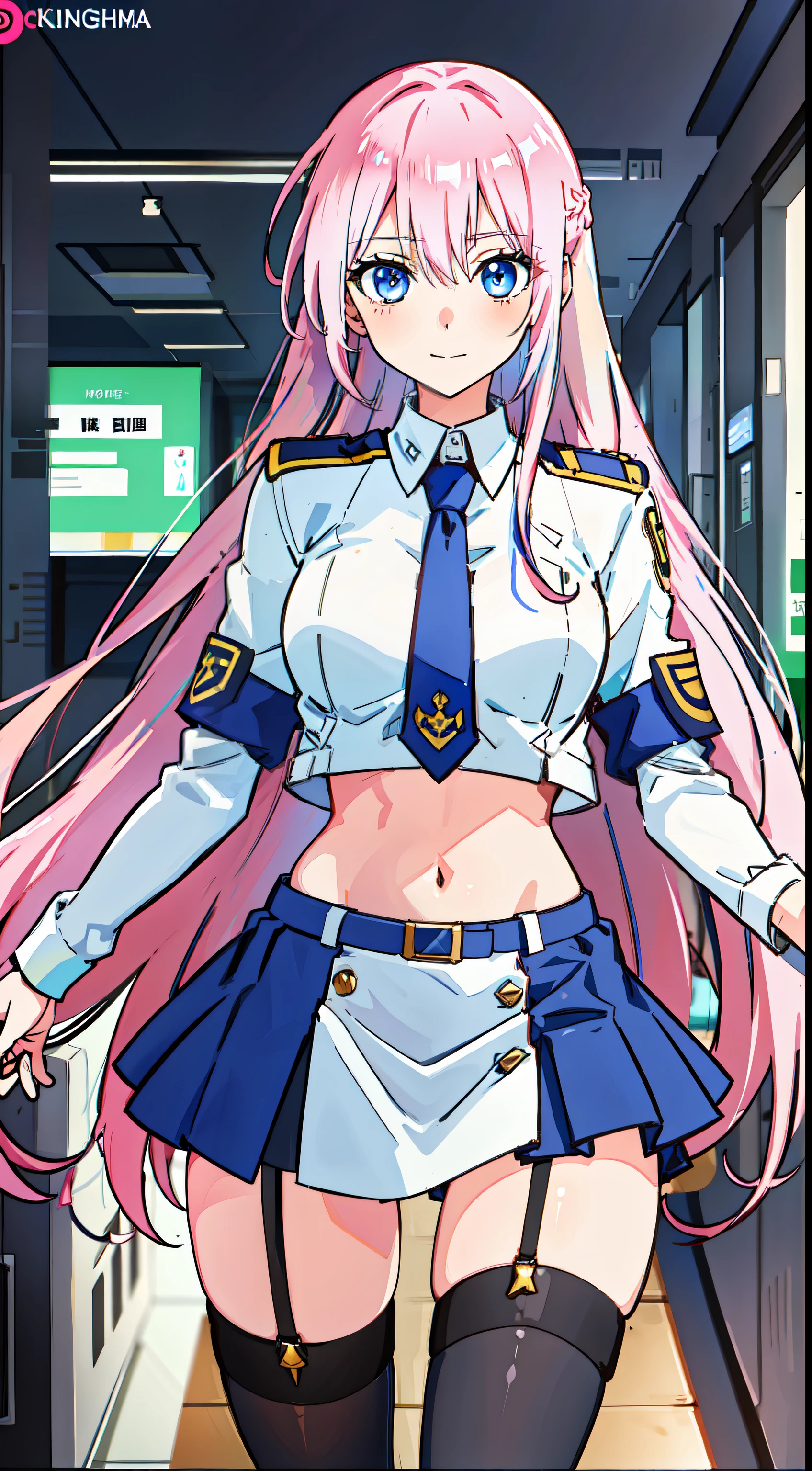 shikimori, slim legs, navel, short skirt, standing, beautiful eyes, blue eyes, happy, soldier uniform, pink hair, long hair, thigh high socks, office