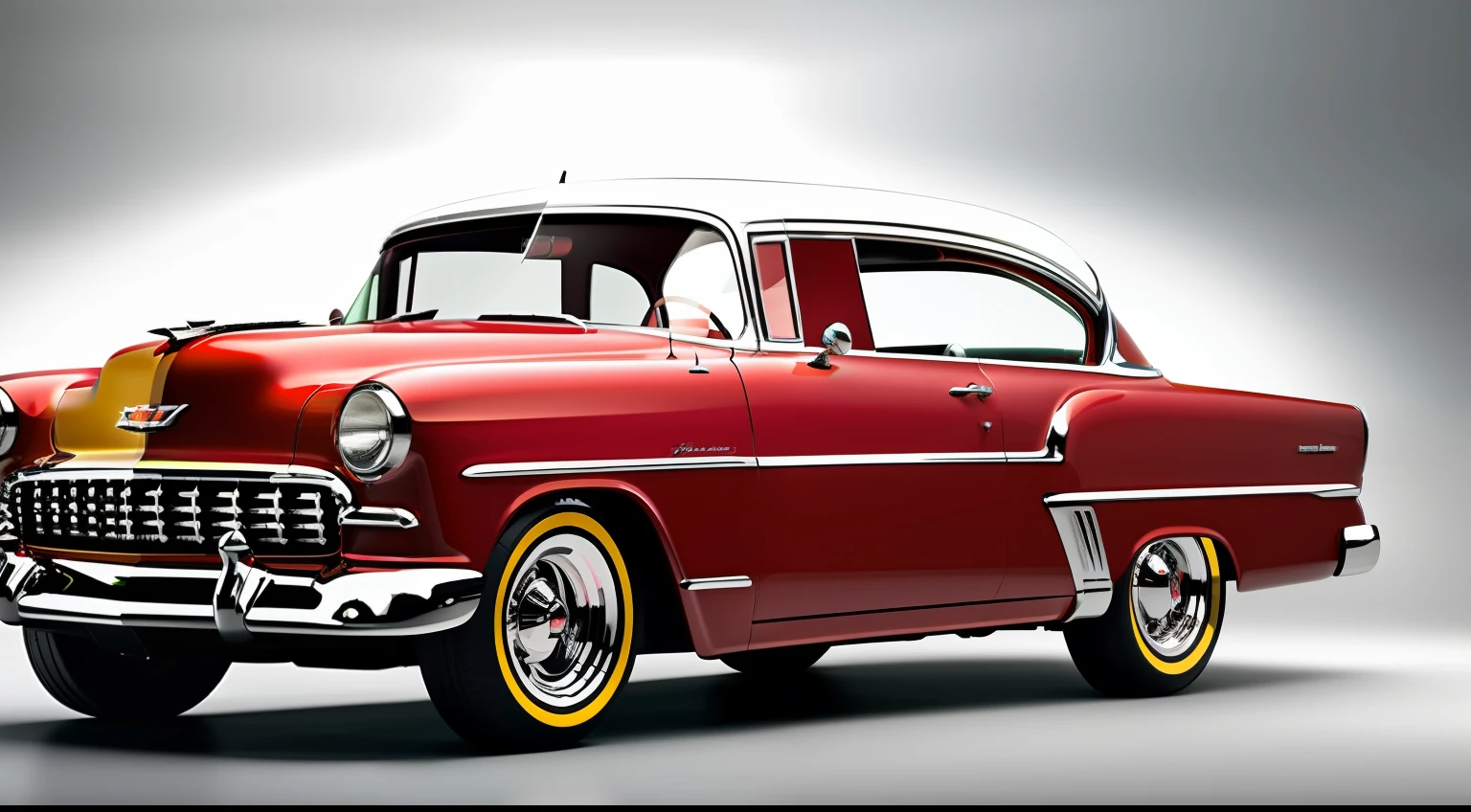 a red Chevrolet Bel Air car with a black interior sits in a white background, in the style of hajime sorayama, 1950s, bold yet graceful, rim light, gothic-influenced, 32k uhd, eero saarinen, full car render, masterpiece