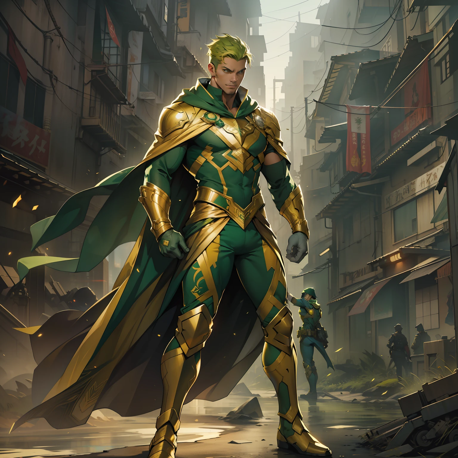 Develop an image of a hero wearing a green and gold costume. The hero must have a noble and powerful appearance, with distinct character traits. The green and gold costume should be modern and futuristic, with technological elements and details that make it unique. The hero must be in a heroic pose, as if he is ready to face any challenge that comes his way. The background scene can be an urban landscape or an imaginary landscape that matches the heroic aura of the character. Feel free to add creative and interesting details to make the hero even more captivating