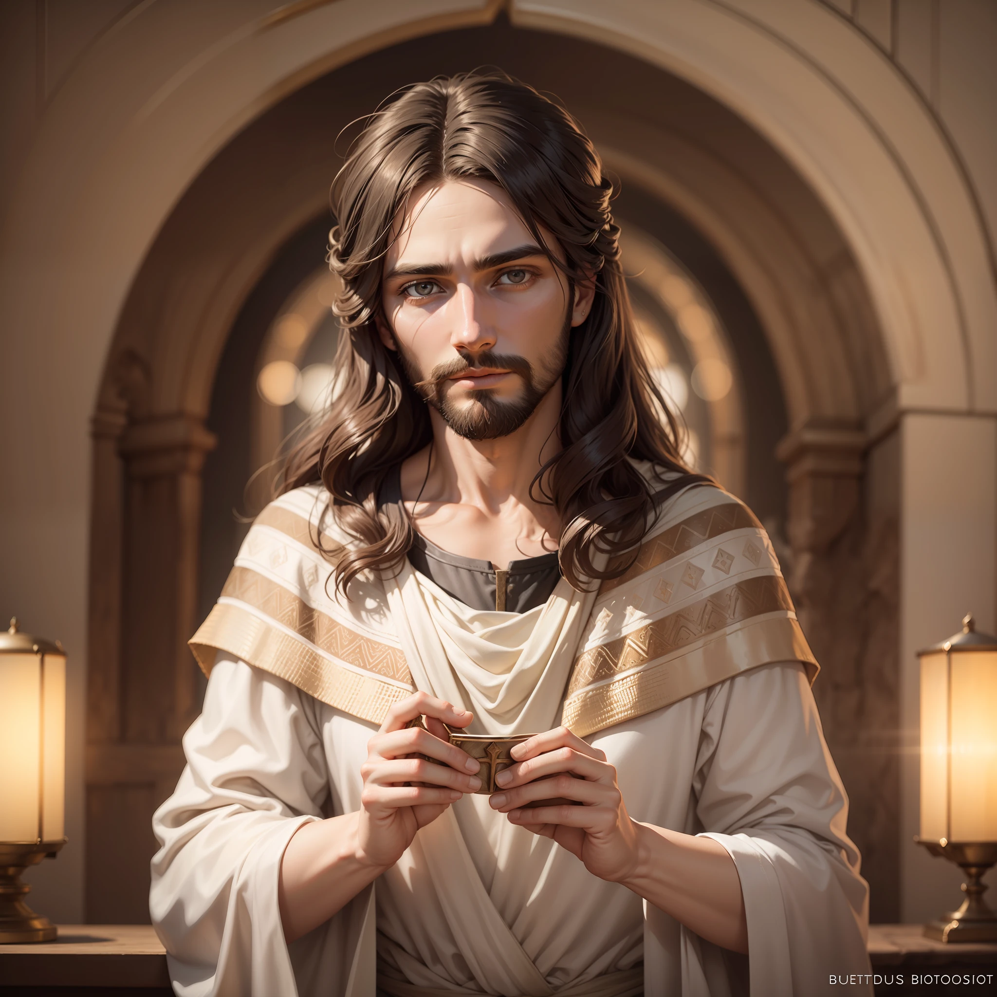 photo of Jesus, in biblical times Jesus, Photorealistic light environment, full face, looking at the Camera, calm eyes, serene and loving face, sweet look, is with lights in the background, The whole environment is clear, Photo by Busto
