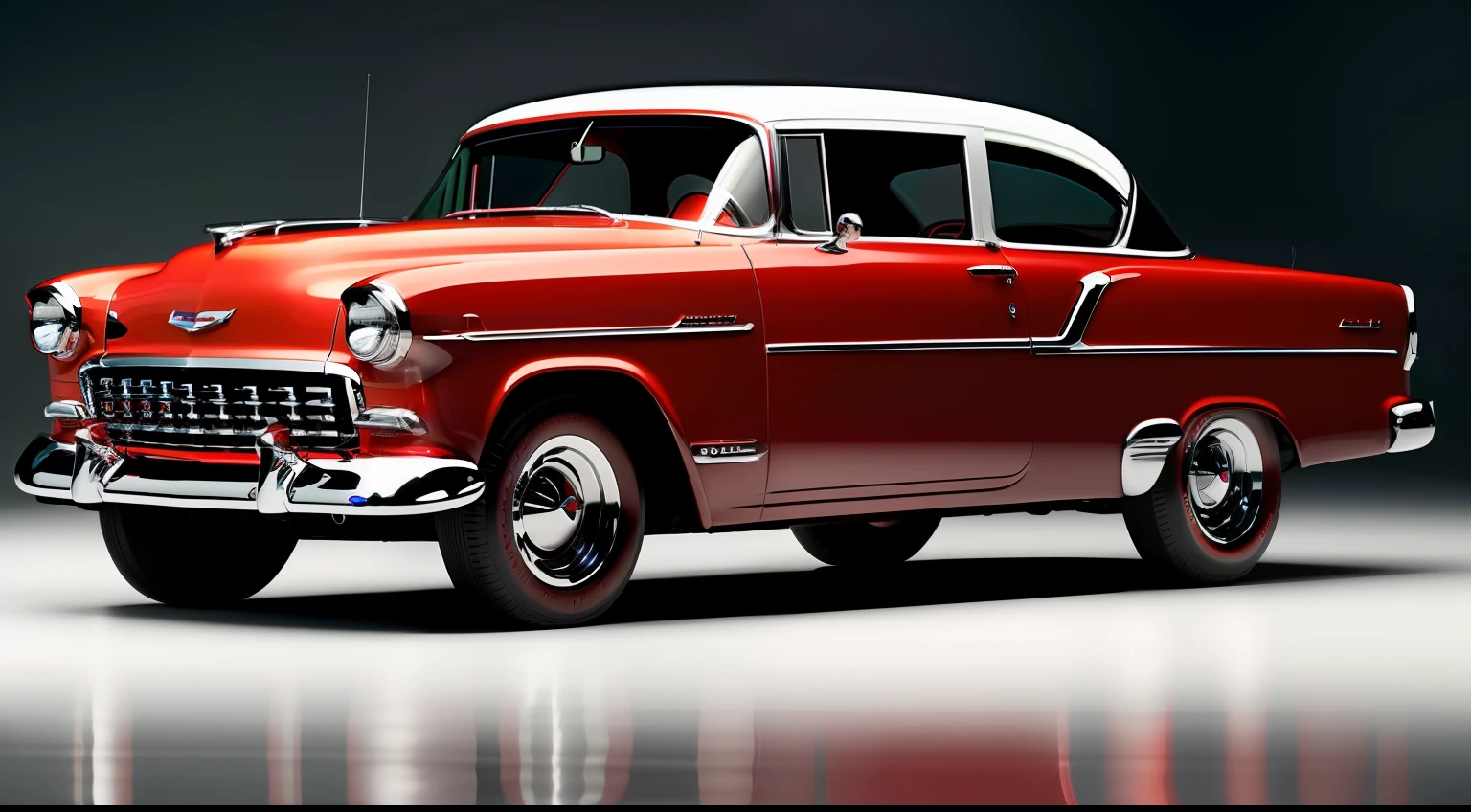 a red Chevrolet Bel Air car with a black interior sits in a white background, in the style of hajime sorayama, 1950s, bold yet graceful, rim light, gothic-influenced, 32k uhd, eero saarinen, full car render, masterpiece