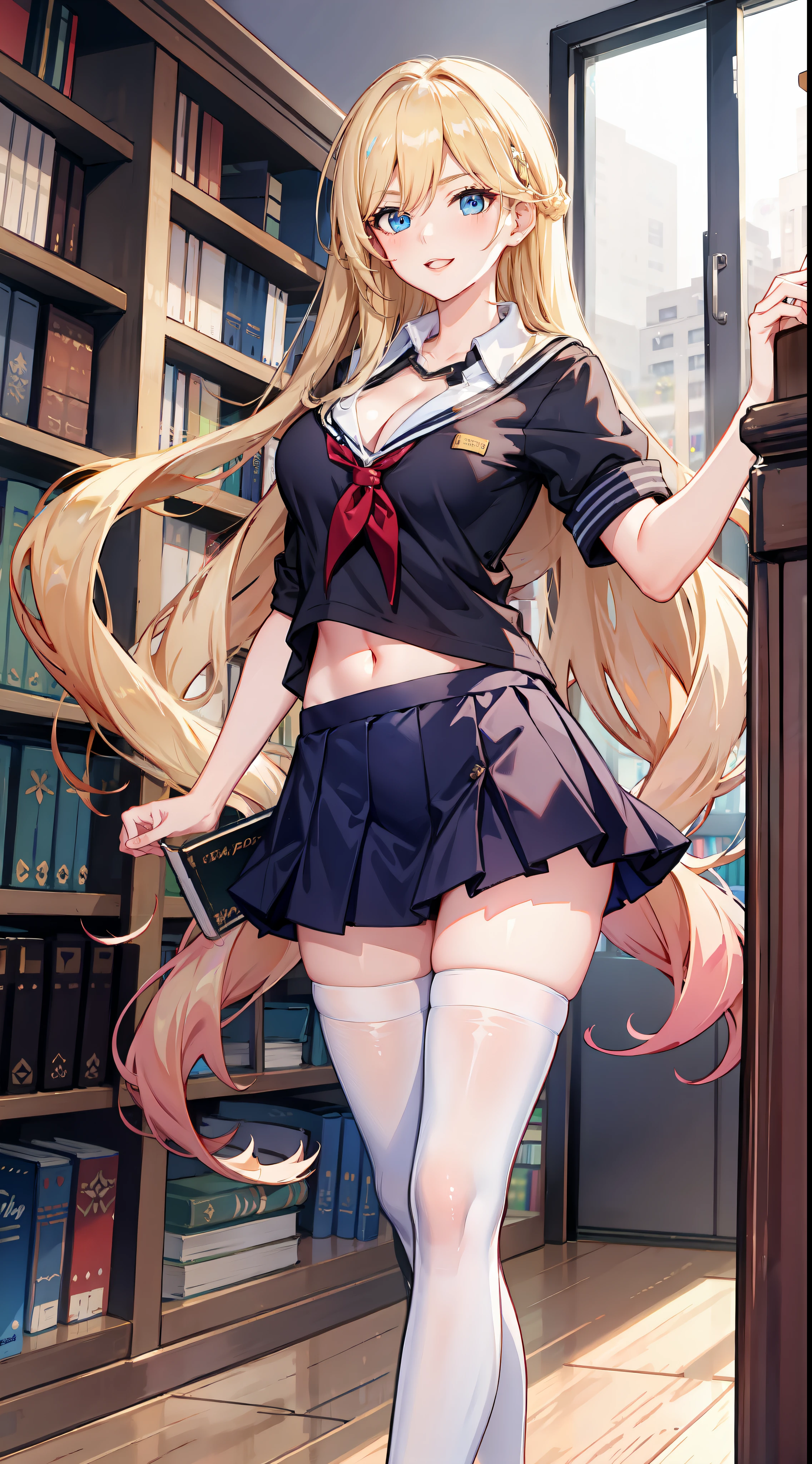 slim legs, happy, cleavage, short skirt, navel, blue eyes, school uniform, thigh high socks, stand, library , blonde hair, long hair