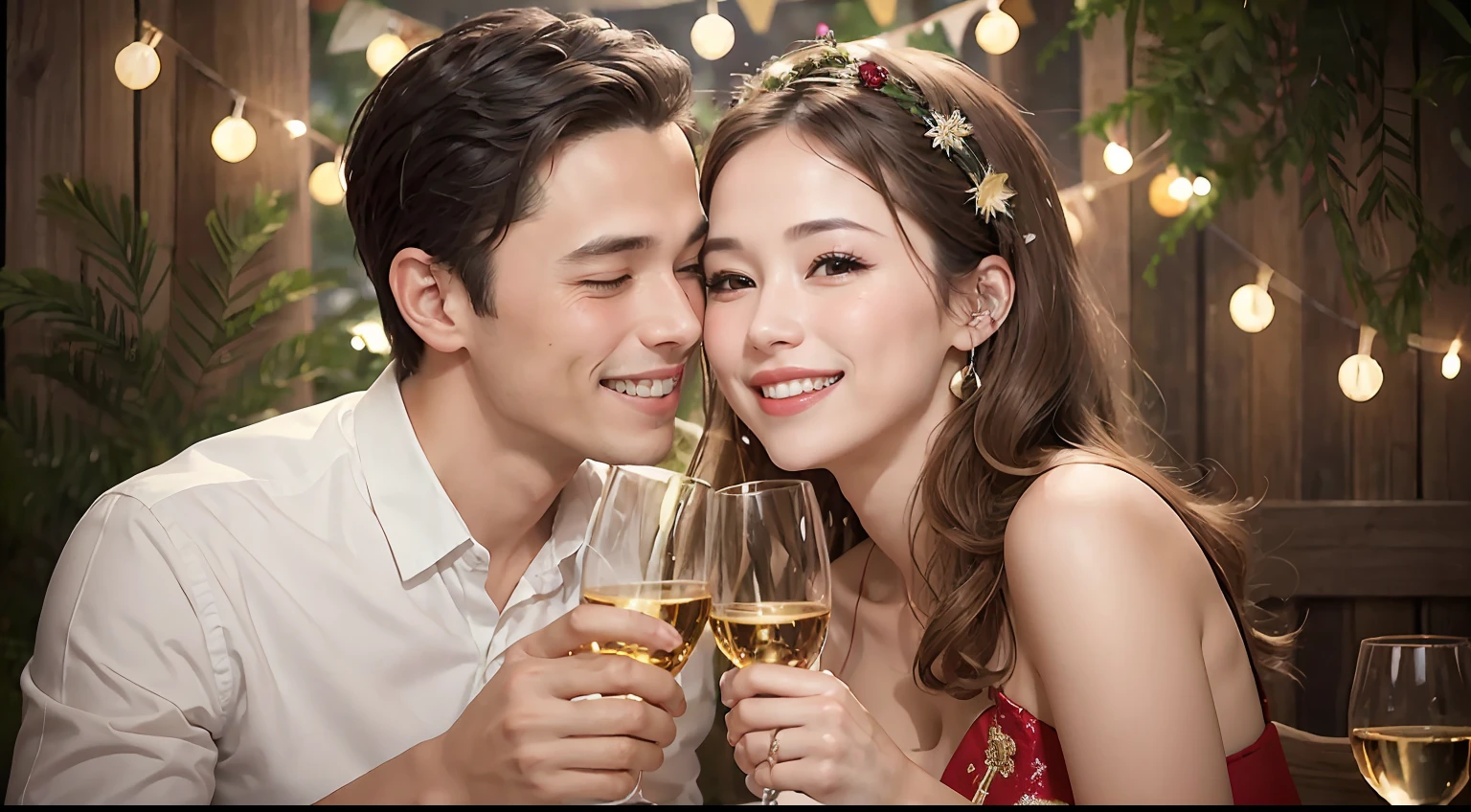 Create an image that represents the celebration of love between the couple. Show them at a party, surrounded by friends and family, with smiles and toasts. Highlight the happiness stamped on their faces and the festive atmosphere around them, conveying the joy of sharing love with the people who are important to them.
