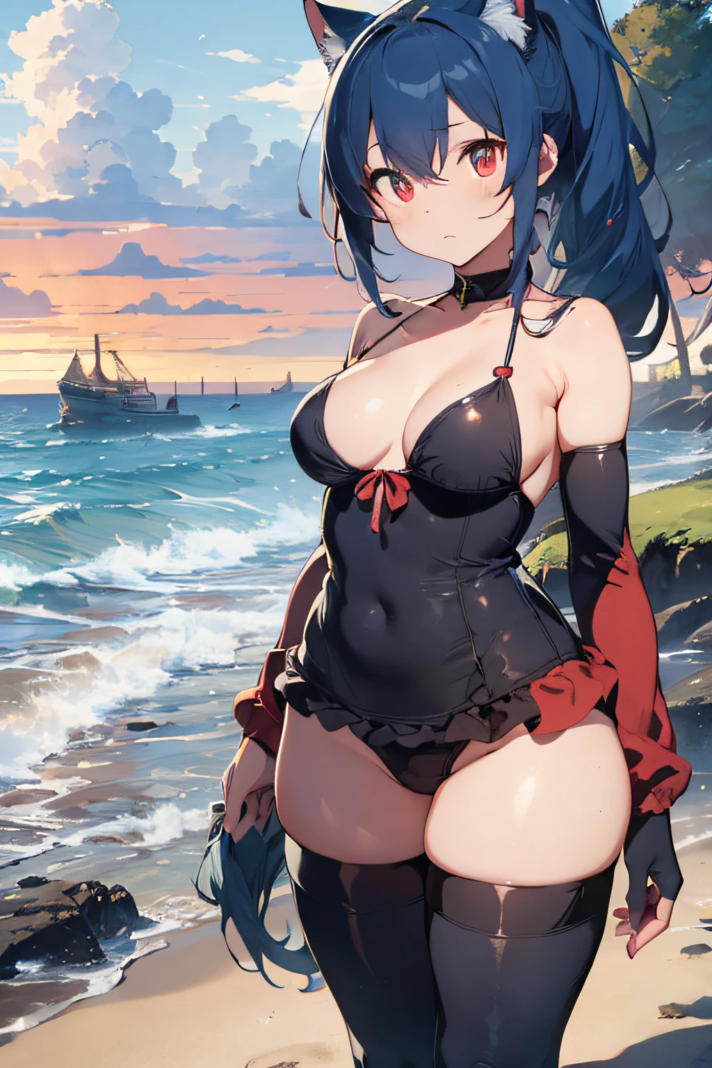 Movie angle, depth of field, (looking at the viewer), (right foreground: 1), (standing photo: 1),
Cat Eared Girl, (Solo),Blue Hair,(White Skin:1), (Curvaceous:1.2), (Wide Hips:1.1), Cat Eared Girl,
(Beautiful Coast Background), (Coast Background: 1.4), (Coast Background: 1.4),
(red clothes), (bare shoulders, red micro bikini), (T-back panties: 1.2), thigh boots,
(ponytail, hairs between the eyes), (blue-haired), (red eyes), (flat chest: 1.2),
expressionless, stunned, sleepy,
Wakame, wakame, wakame, wakame, wakame, wakame, wakame,
