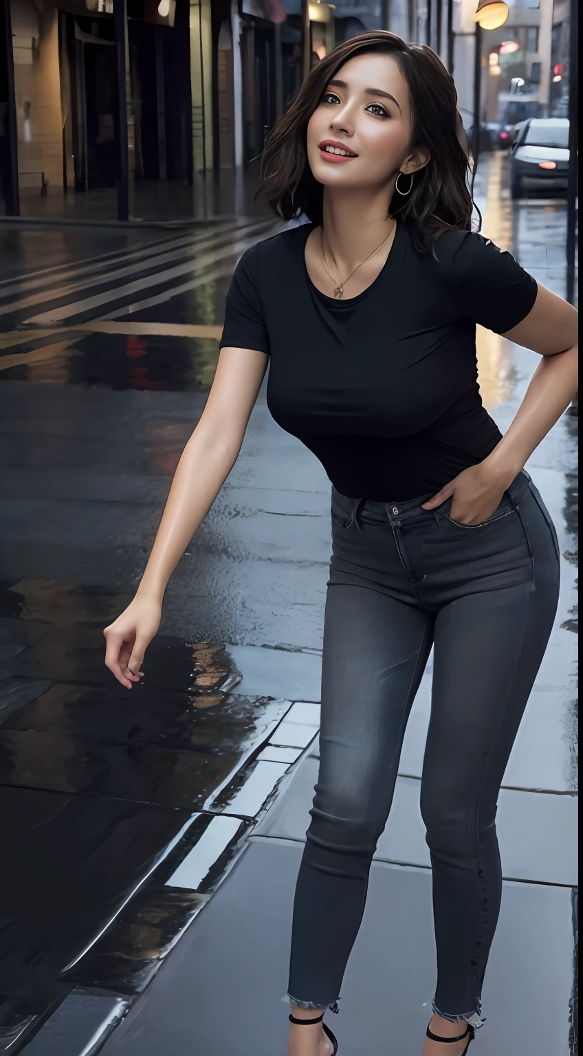 ((Best Quality, 8K, Masterpiece: 1.3, One arab Girl, Beautiful Arab Girl)), cute, dynamism, detailed face, detailed skin, detailed eyes, detailed lips, detailed tongue, detailed fingers, detailed mouth, photorealistic, raw photo, natural light, dark wavy short hair, big breasts, big round buttocks, toned abdomen, toned legs, double eyelids, dark brown eyes, round eyes, moist lips, large earrings, simple necklace, mole under the eyes, eyeshadow, ((dark grey long plain Tee-shirt, with tight jeans, heels, run on street of town, heavy rain, very rain-soaked hair)), sweaty, fine lots water dridding down from hair, smile, wet clothes, splashing water on the body, cloudy dark sky, head down and looking up, beautiful Arab girl, in black teeshirt
