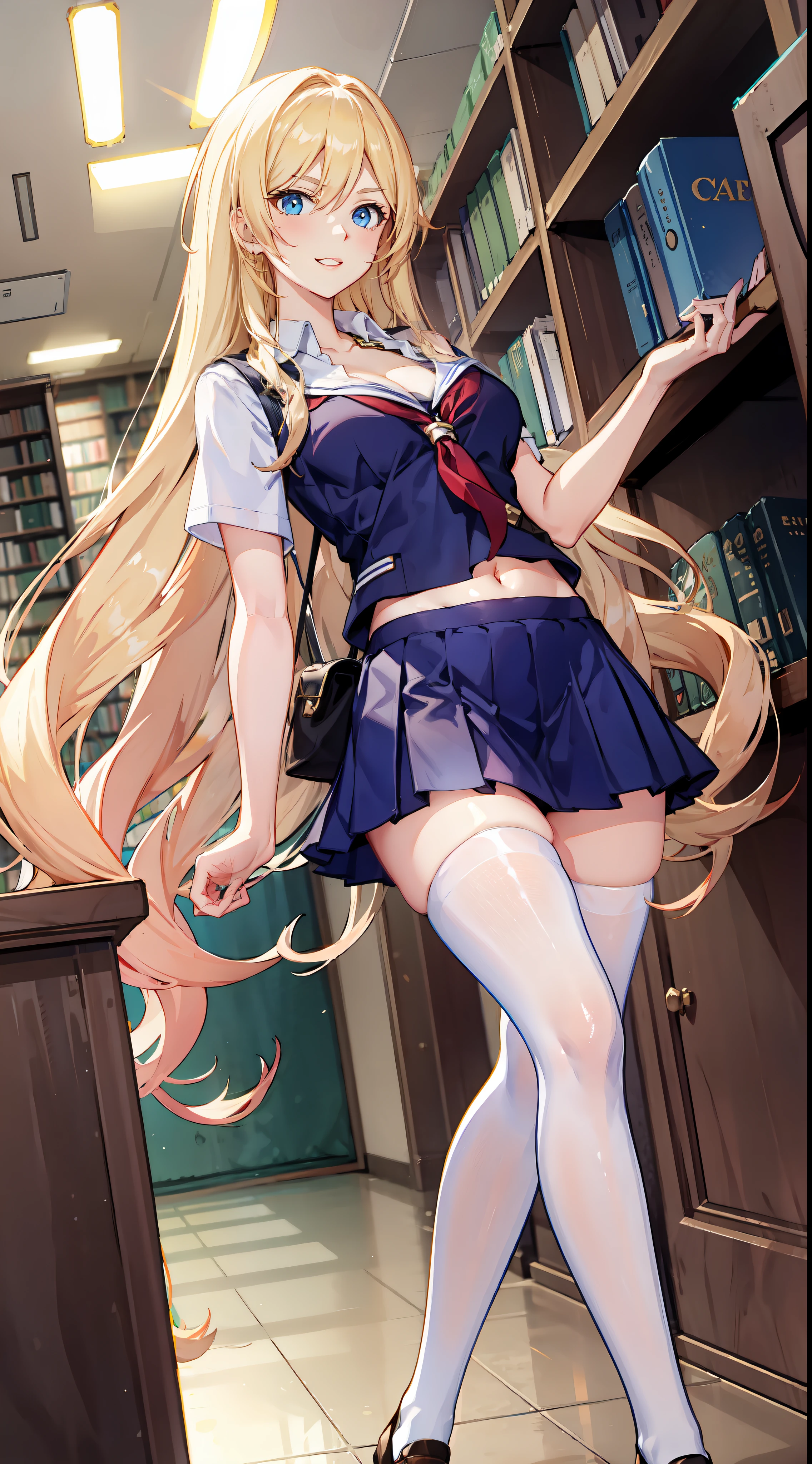 slim legs, happy, cleavage, short skirt, navel, blue eyes, school uniform, thigh high socks, stand, library , blonde hair, long hair